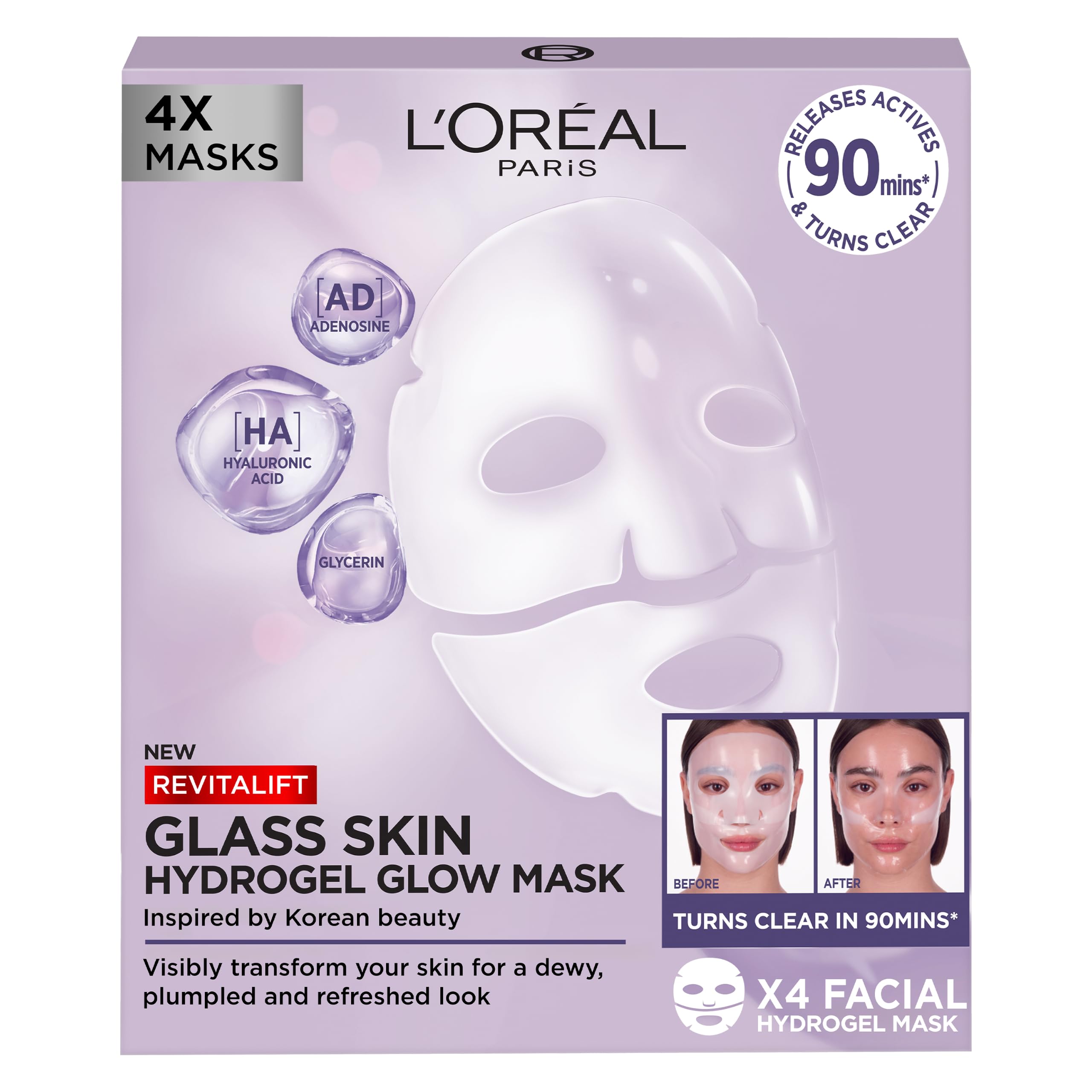 L'Oreal Paris Revitalift Filler Hydrogel Glow Mask - Glass Skin, Hydrating, Plumping Treatment (4 Pack)
