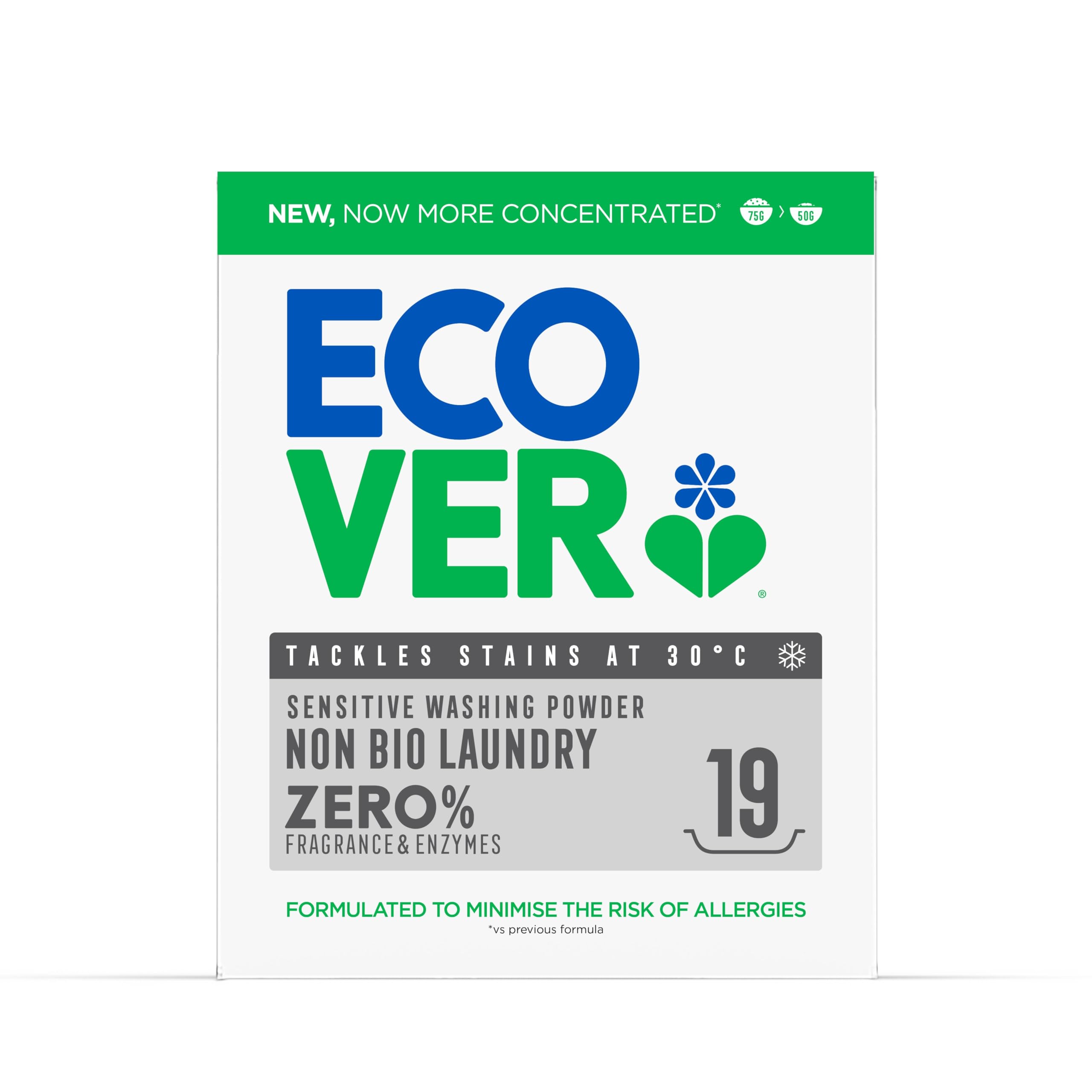 Ecover Zero Non-Bio Powder Detergent for Sensitive Skin, Unscented, 950 g 1