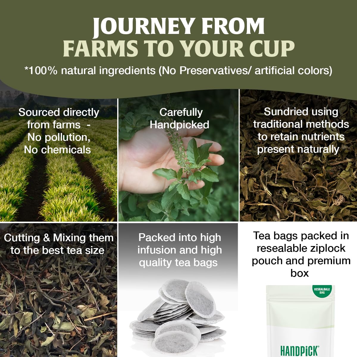 HANDPICK Holy Basil Tea Bags (100 Count) Caffeine-Free, Non-GMO Tulsi Leaves Herbal Tea 8