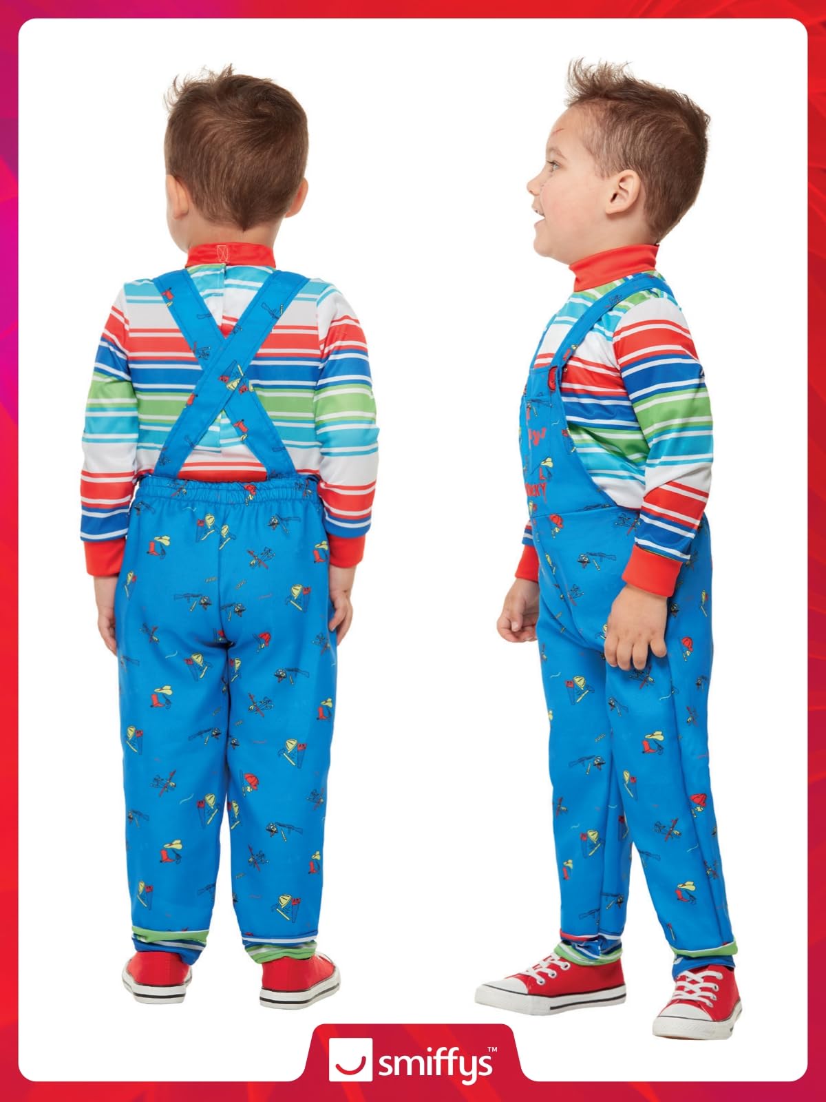 Smiffys Chucky Costume - Kids Blue Striped Top and Printed Dungarees 11