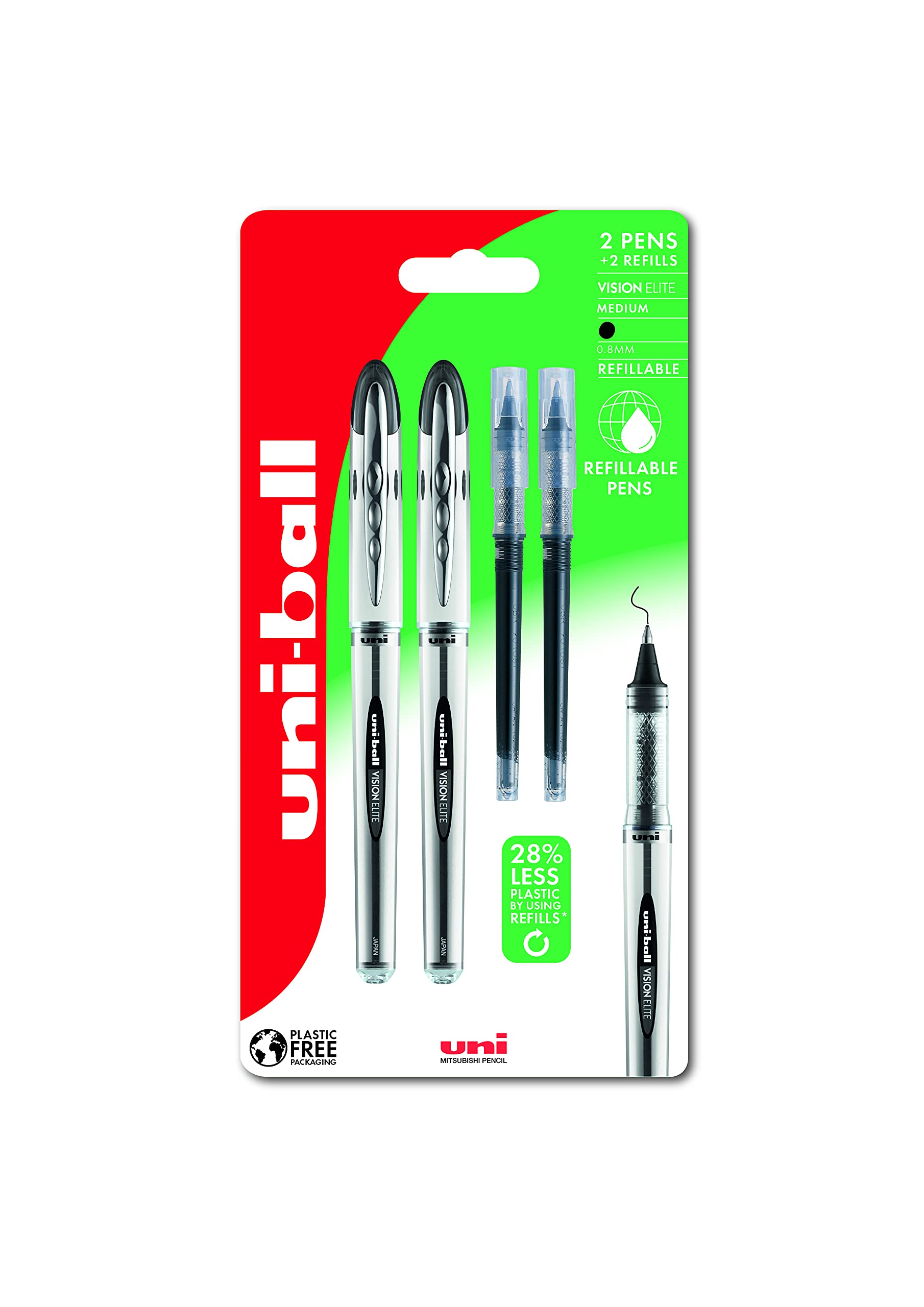 uni-ball Vision Elite Rollerball Pens - Medium 0.8mm Tip, Black Ink, 4-Piece Set with 2 Refills 1