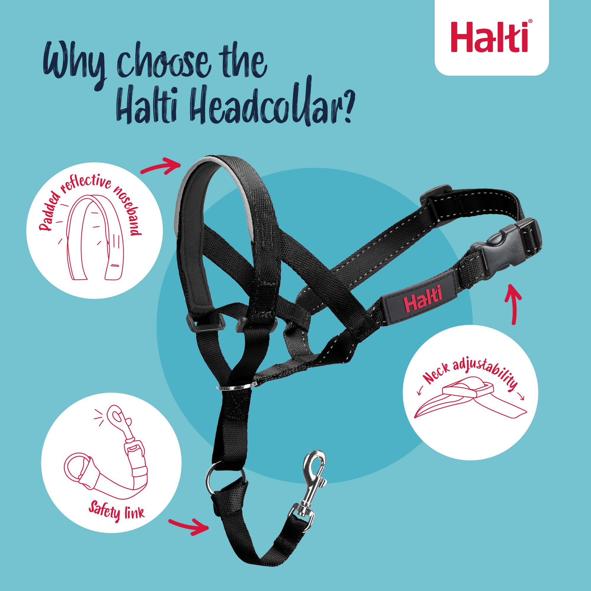 Halti Headcollar Size 2 Black - Anti-Pull Training Aid | Padded Nose Band | Reflective 3