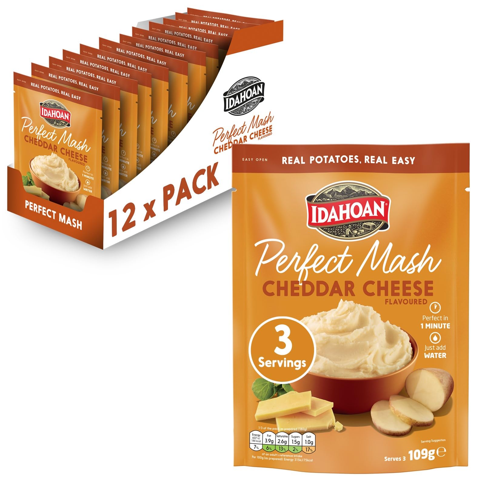 Idahoan Perfect Mash Cheddar Cheese Potatoes - Gluten Free, Vegetarian | 12 Pack (109 g Each)