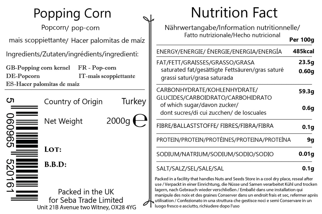 Seba Garden Popping Corn Kernels 2 kg - GMO Free, Resealable Ziplock Bag