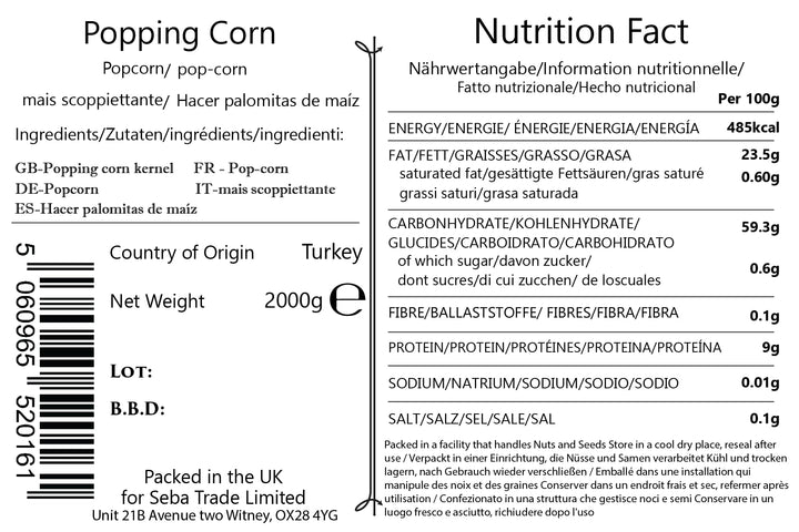 Seba Garden Popping Corn Kernels 2 kg - GMO Free, Resealable Ziplock Bag