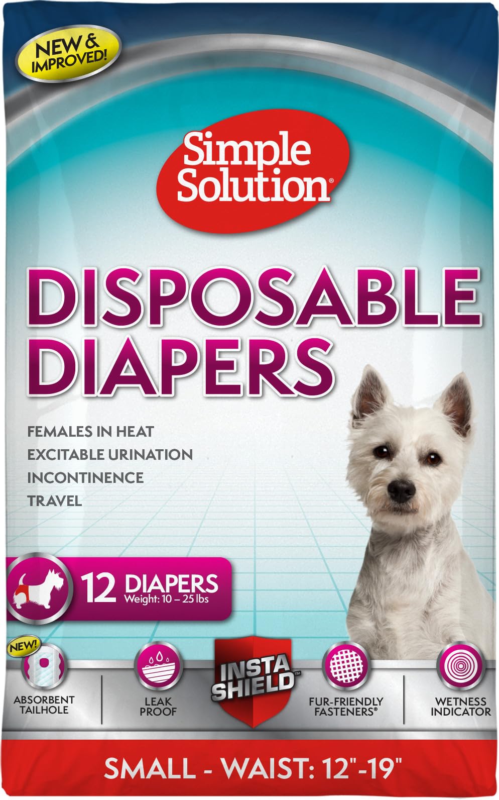 Simple Solution True Fit Disposable Dog Diapers for Female Dogs - Small Size, 12 Count