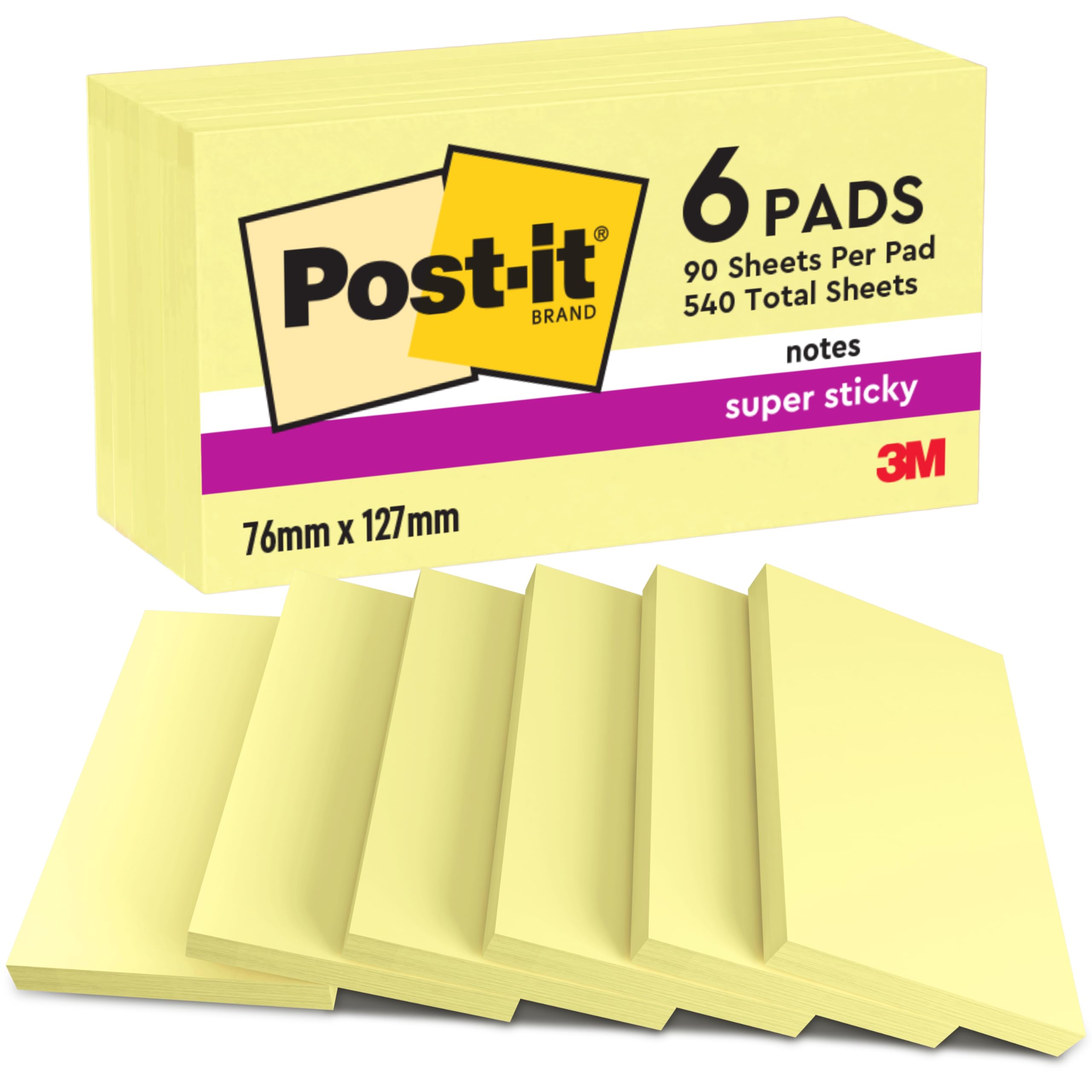 Post-it Super Sticky Notes Pad - Canary Yellow | 2x Sticking Power | 76 x 127 mm | 6 Pads of 90 Sheets 1