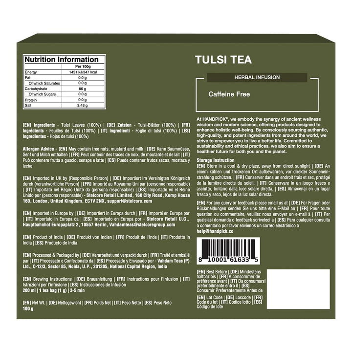 HANDPICK Holy Basil Tea Bags (100 Count) Caffeine-Free, Non-GMO Tulsi Leaves Herbal Tea