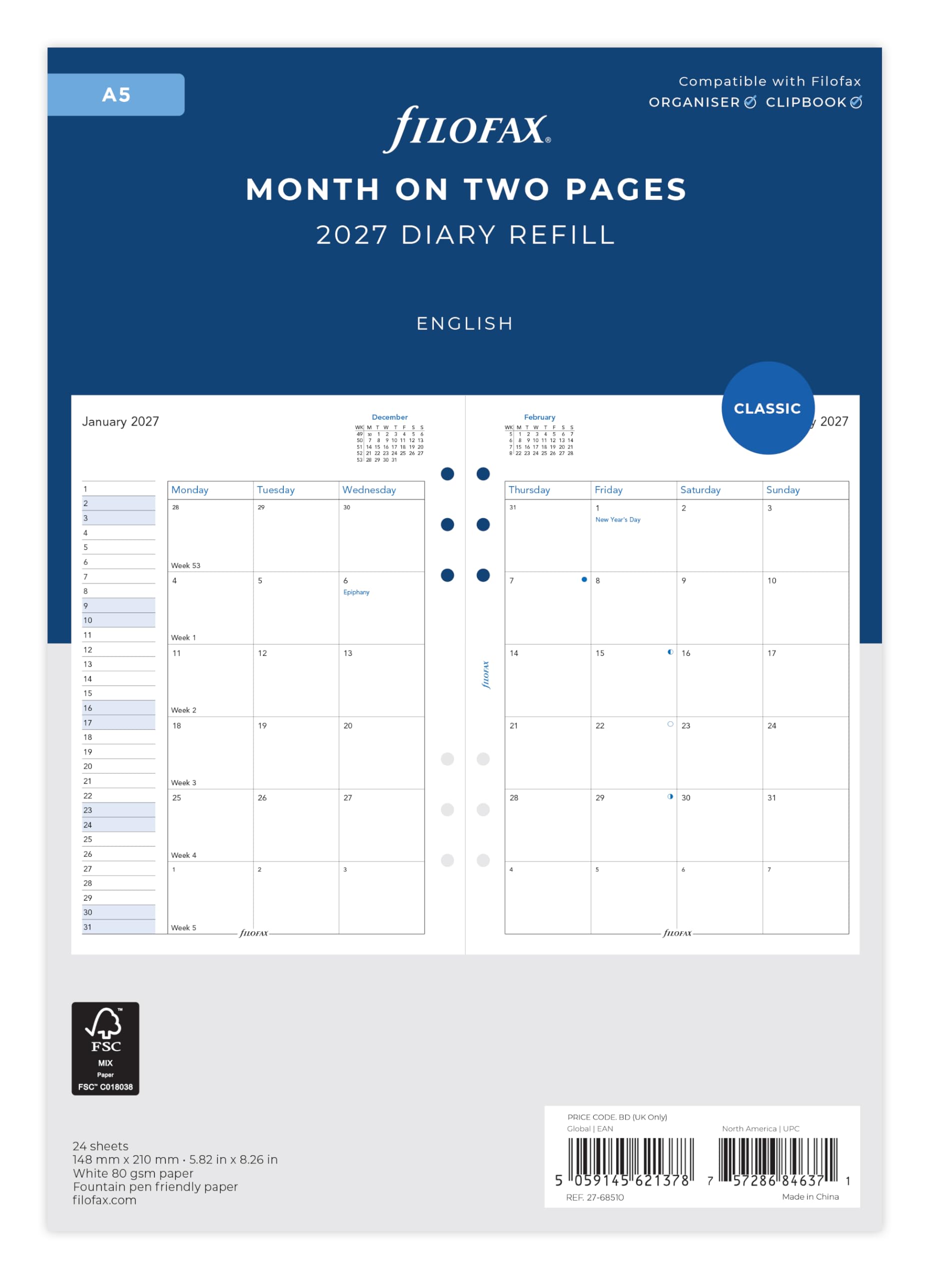 Filofax A5 2027 Diary Refill - Month on Two Pages, English | 148mm x 210mm