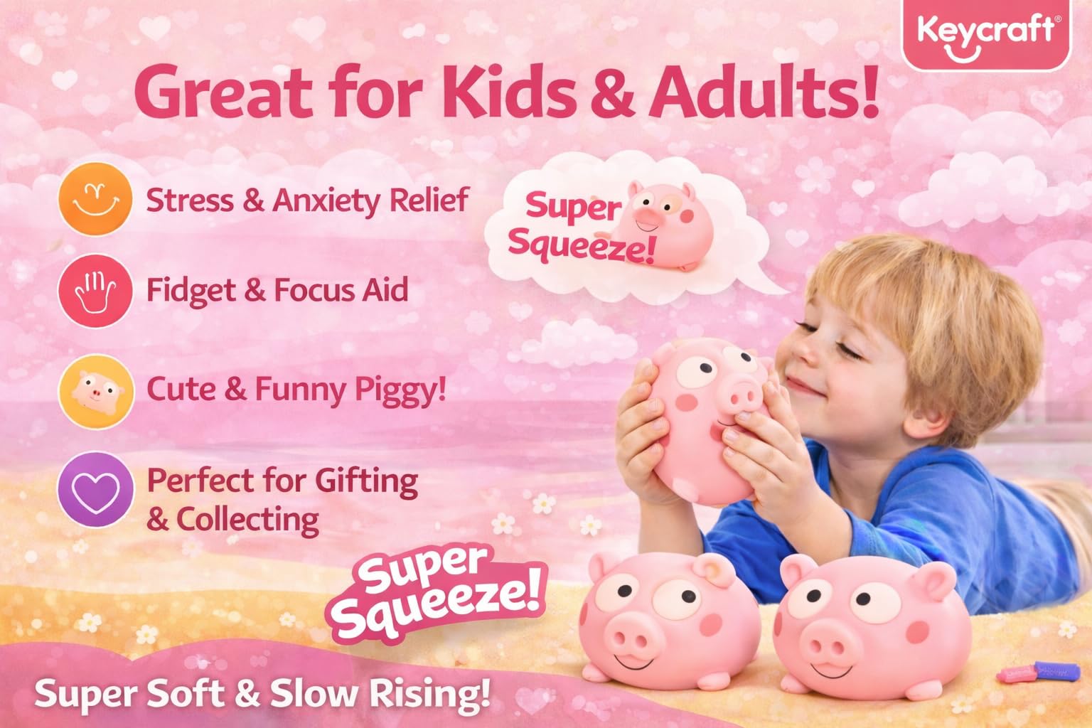 Keycraft Jumbo Squishy Pig - Extra Large Slow-Rise Sensory Toy | Pink | 130mm 5