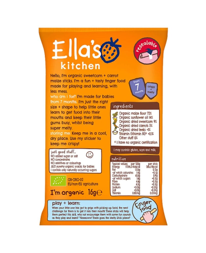 Ella's Kitchen - Sweetcorn and Carrot Melty Sticks Organic Baby Snack for 7+ Months