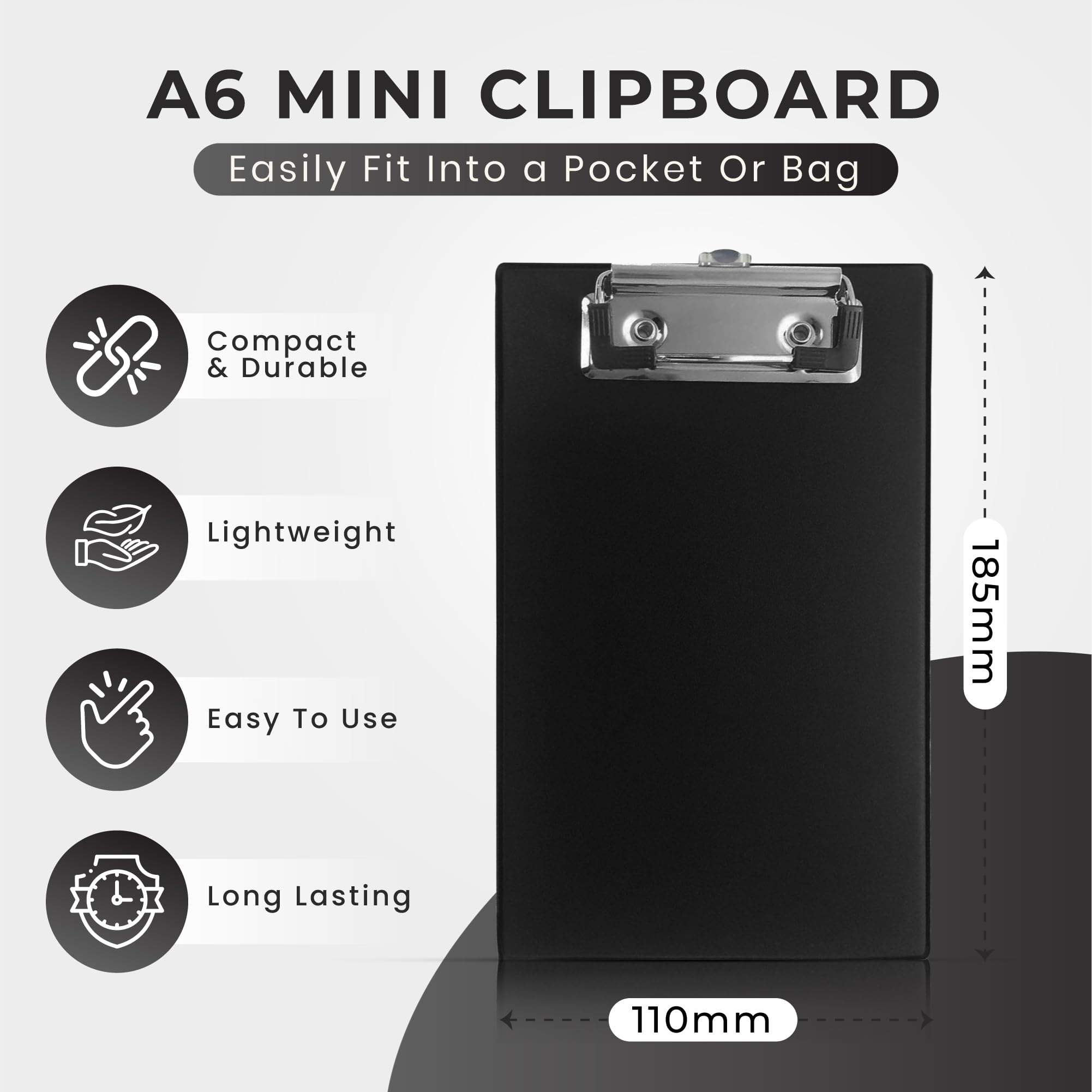 Janrax A6 Mini Clipboard - Black PVC Pocket Hardback Holder | 18.5 x 11cm | 25 Sheet Capacity 2