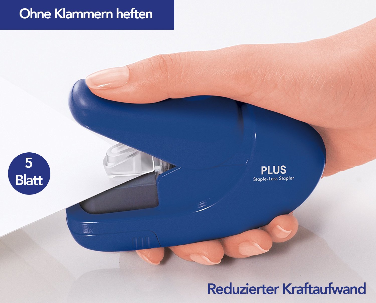 PLUS Desktop Stapler - Staple-Free, 5 Sheet Capacity, Blue | Power Assist Mechanism 2