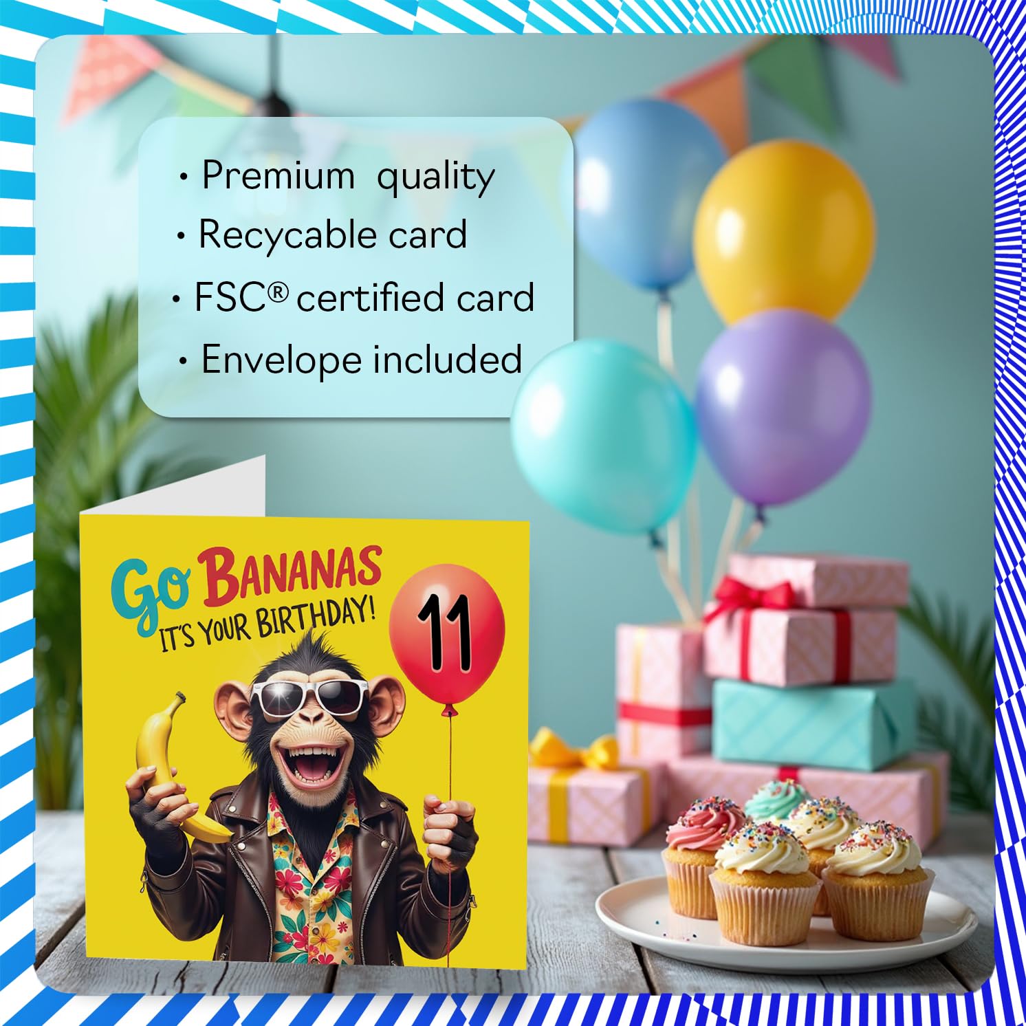 Stuff4 11th Birthday Card for Boys & Girls - Monkey Go Bananas Design | 145mm x 145mm 3