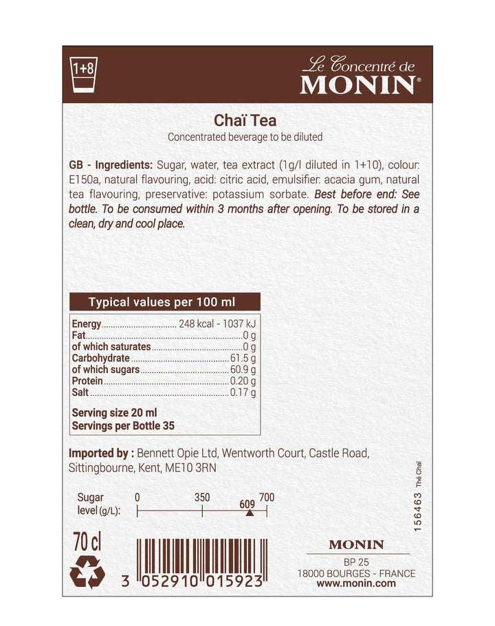 Monin Chai Tea Concentrate 700ml - Premium Beverage Syrup for Lattes, Frappes & Cocktails