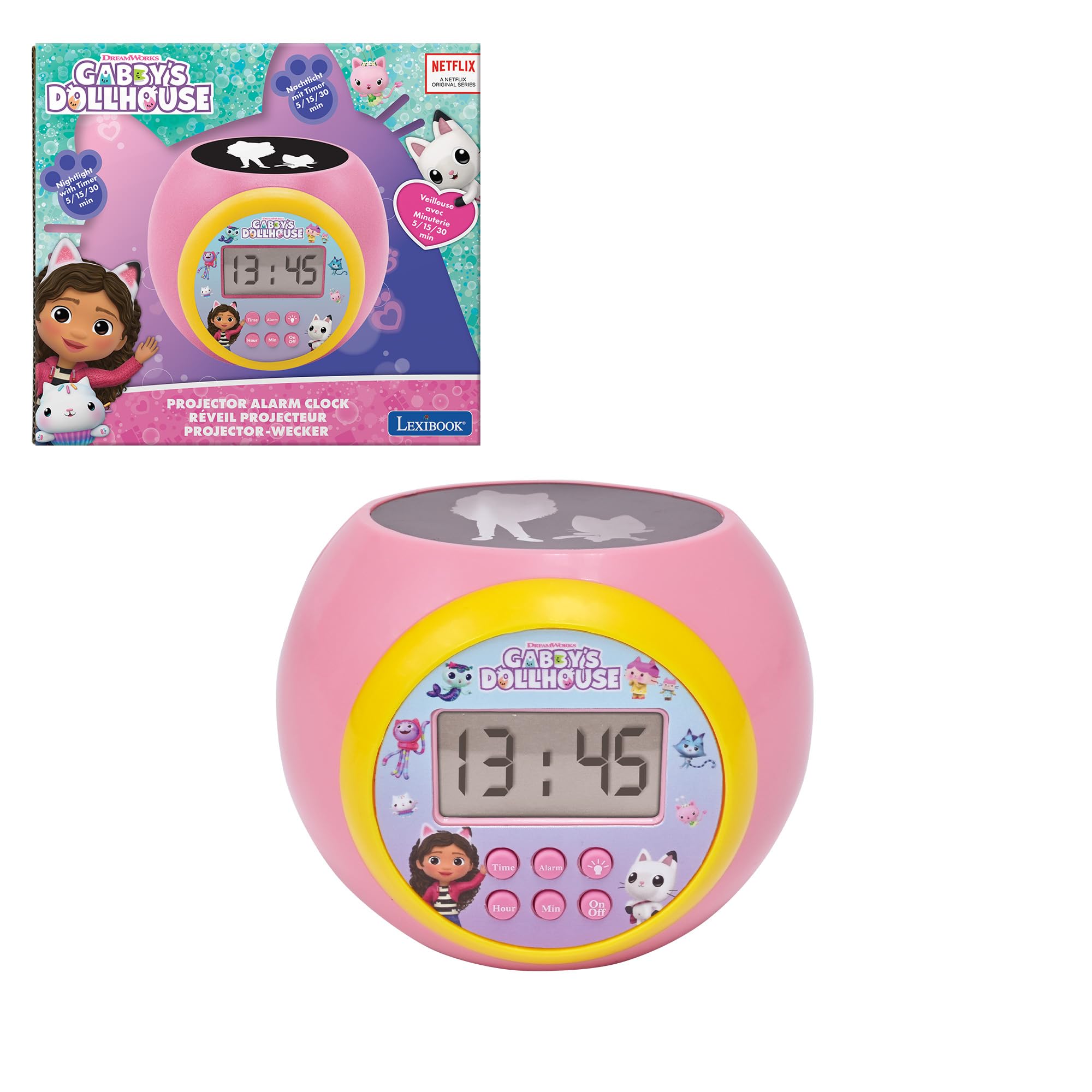 Gabby's Dollhouse Projector Alarm Clock with Nightlight - Pink