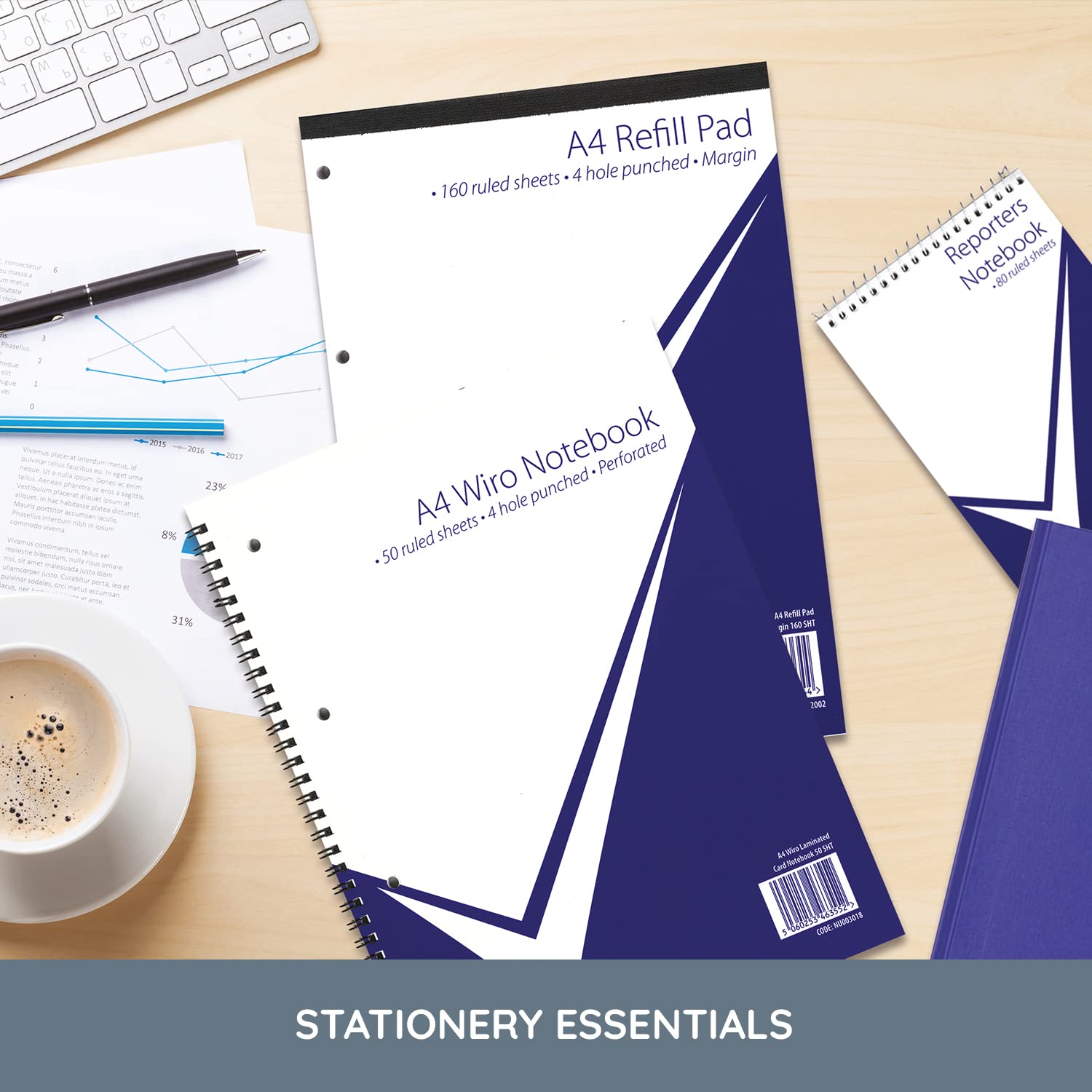 nu: Office Value A4 Hardback Casebound Composition Notebook | Feint Ruled | Blue 5