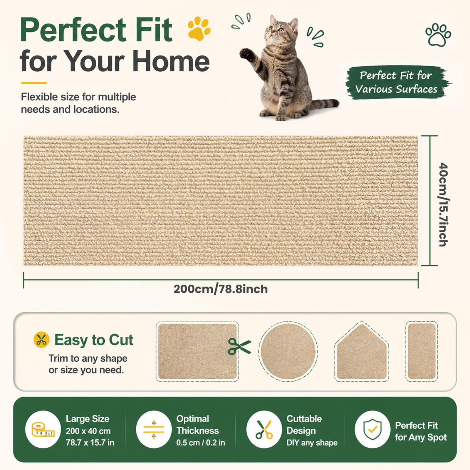 Muexoee Cat Scratching Mat - Thickened Polyester, DIY Cuttable, Self-Adhesive | 40cm x 2m 3