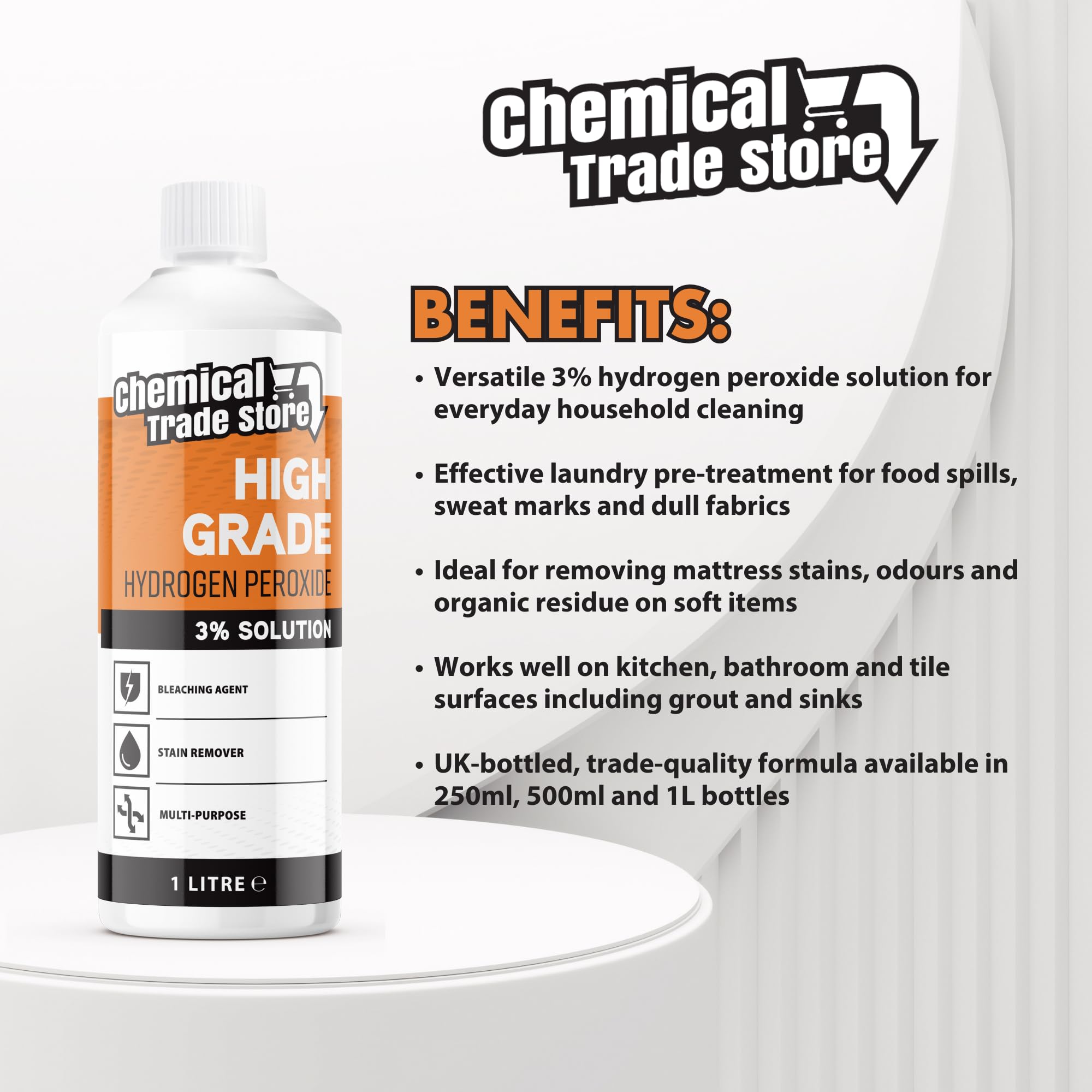 Chemical Trade Store Hydrogen Peroxide Solution 3% - Multi-Purpose Cleaner | Unscented Liquid | 1L