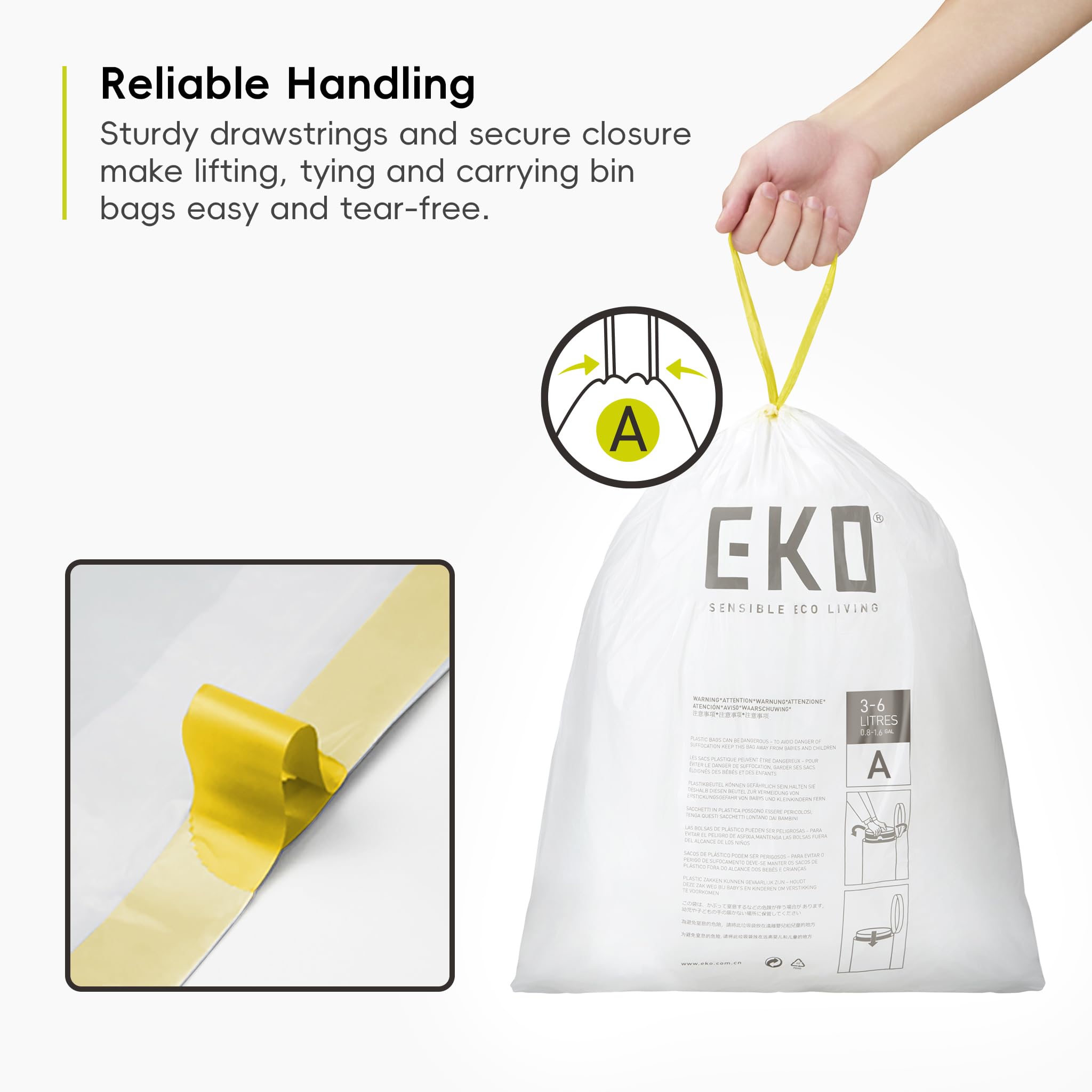 EKO Extra Strong Heavy Duty Bin Liners - 3-6 Litre Capacity, White, 30 Count Drawstring Bags 4