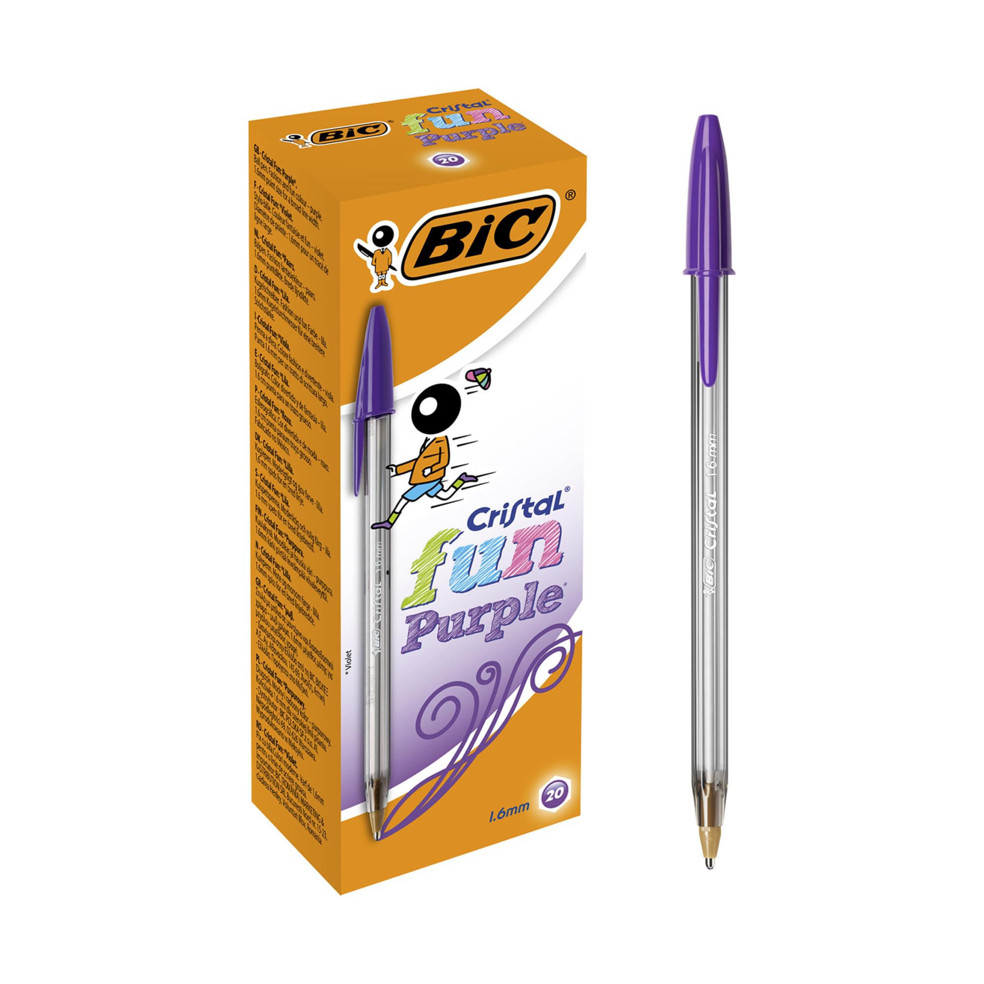 BIC Cristal Fun Ballpoint Pens - Wide 1.6mm Point, Smudge-Proof, Purple Ink, Pack of 20 1