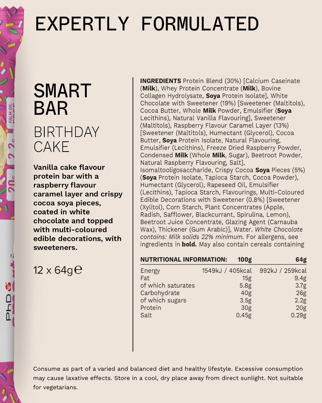 PhD Nutrition Smart Protein Bar - Birthday Cake | 20g Protein | Low Sugar | 12 Bars 6