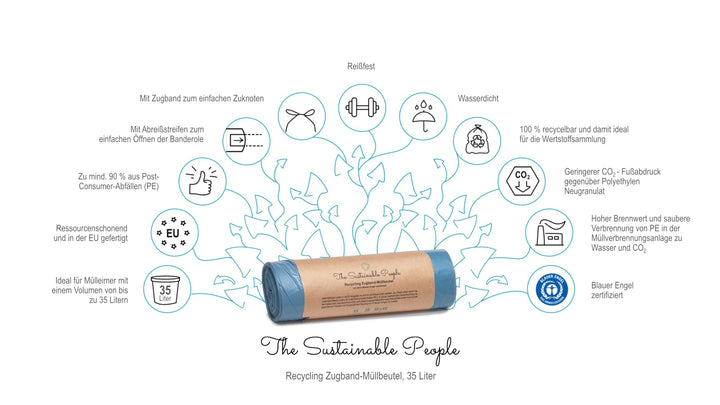 TSP Recycling Drawstring Bin Liners 35 L – 15-Pack, Made from 90%+ Post-Consumer Recycled Plastic, Blue Angel Certified