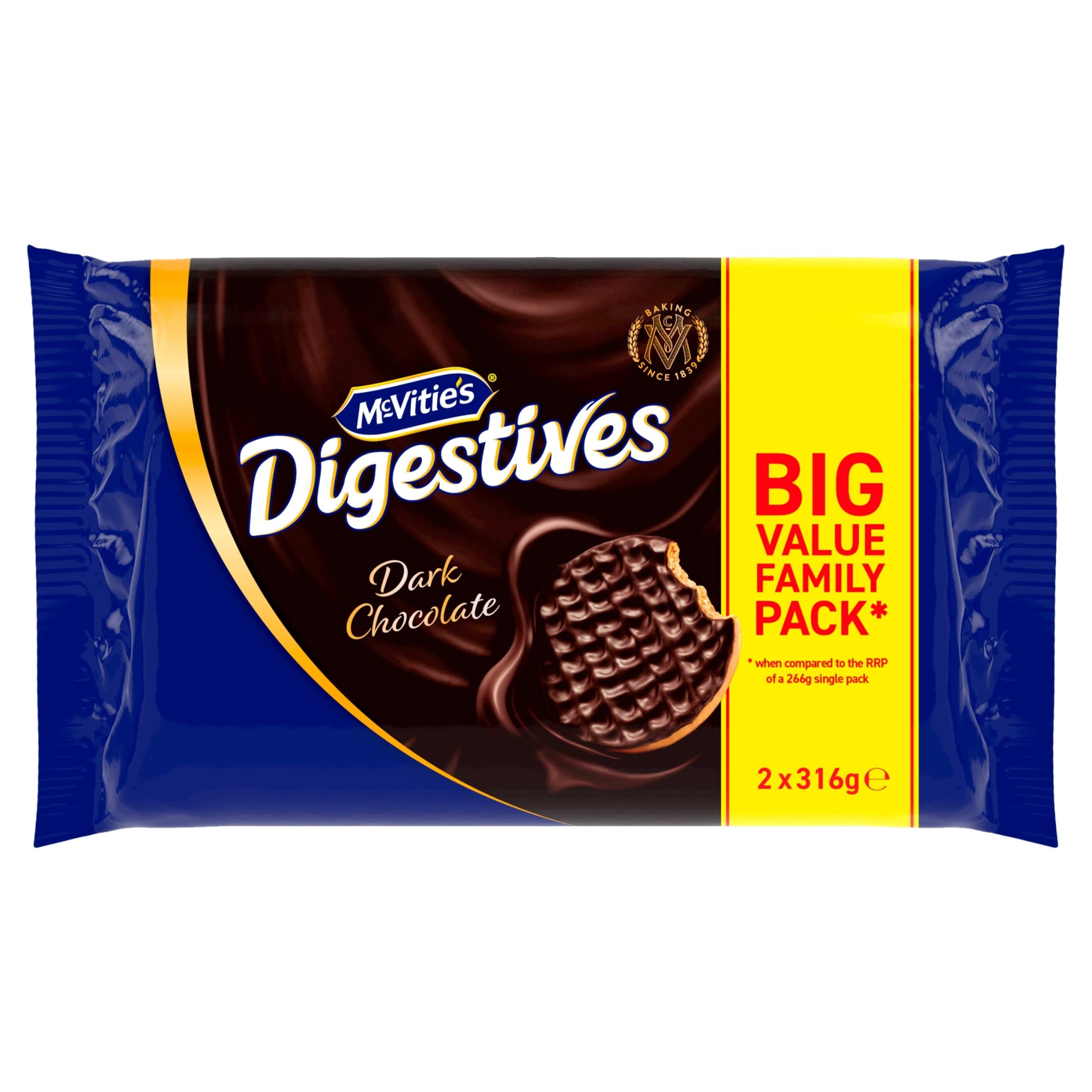 McVitie's Dark Digestive Biscuits Twin Pack - 2 x 316g (632g Total) | Fiber Rich | Dark Chocolate Coated 1