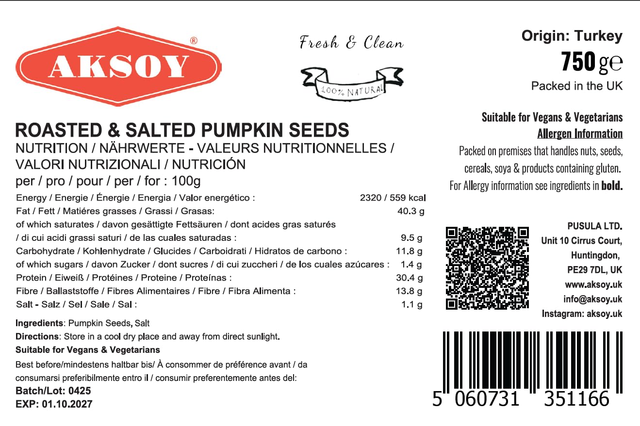AKSOY Premium Roasted Lightly Sea Salted Whole Pumpkin Seeds - 750g | Rich in Minerals 4