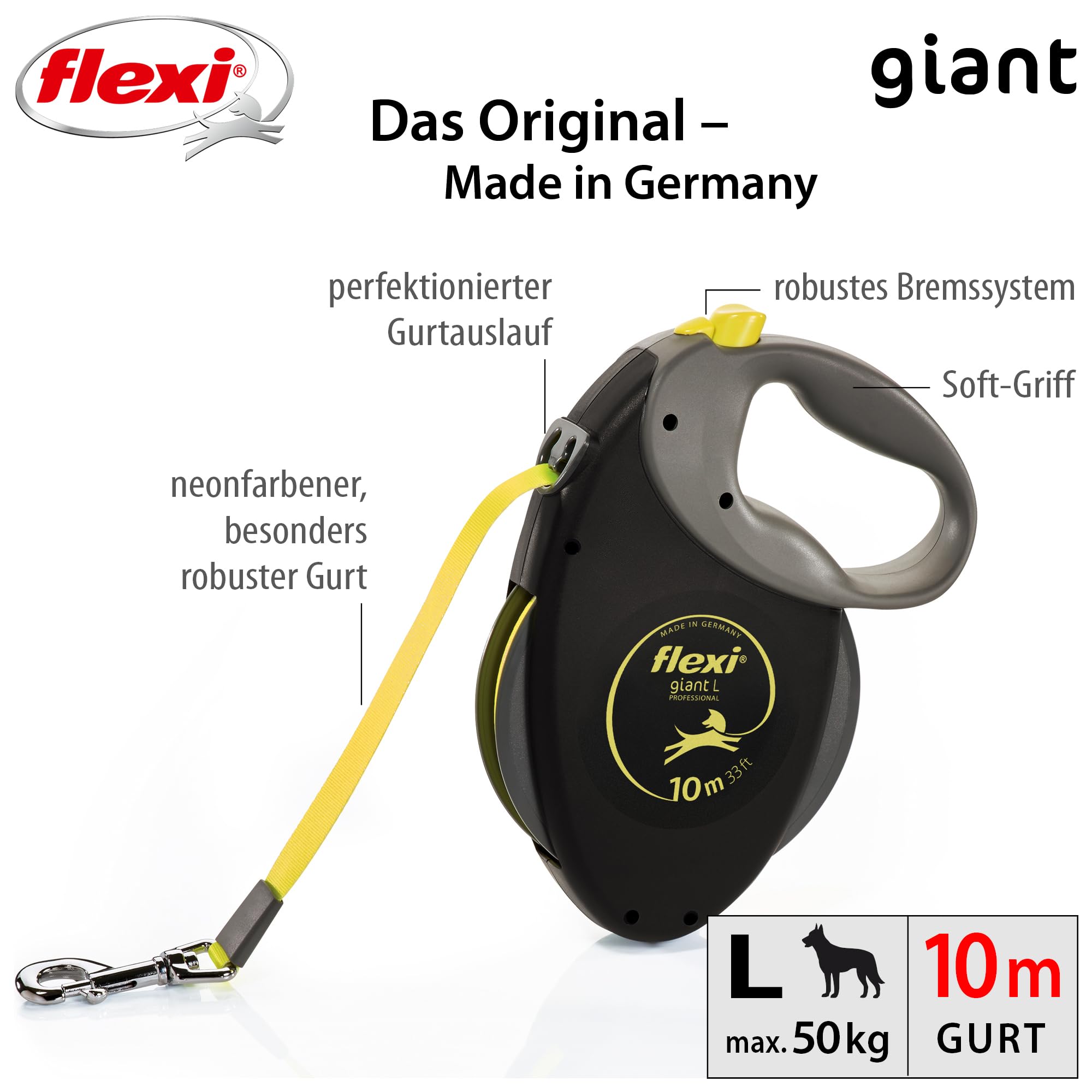 flexi Giant Professional L Retractable Dog Lead - 10m Tape, Up to 50kg | Black/Neon Yellow 5