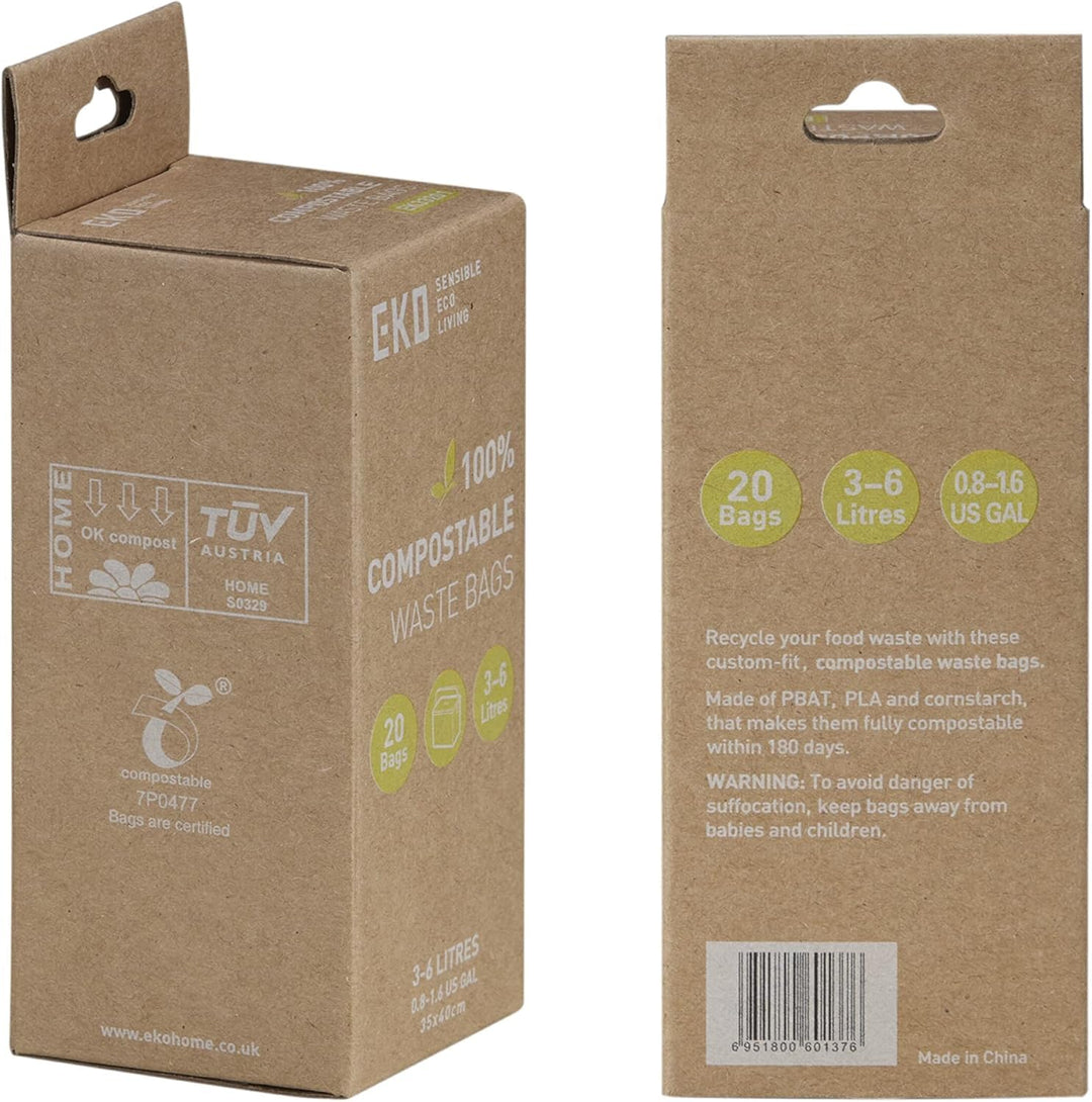 EKO Compostable Bin Liners for Food Waste Caddies, 3-6L Capacity, 20 Bags, White