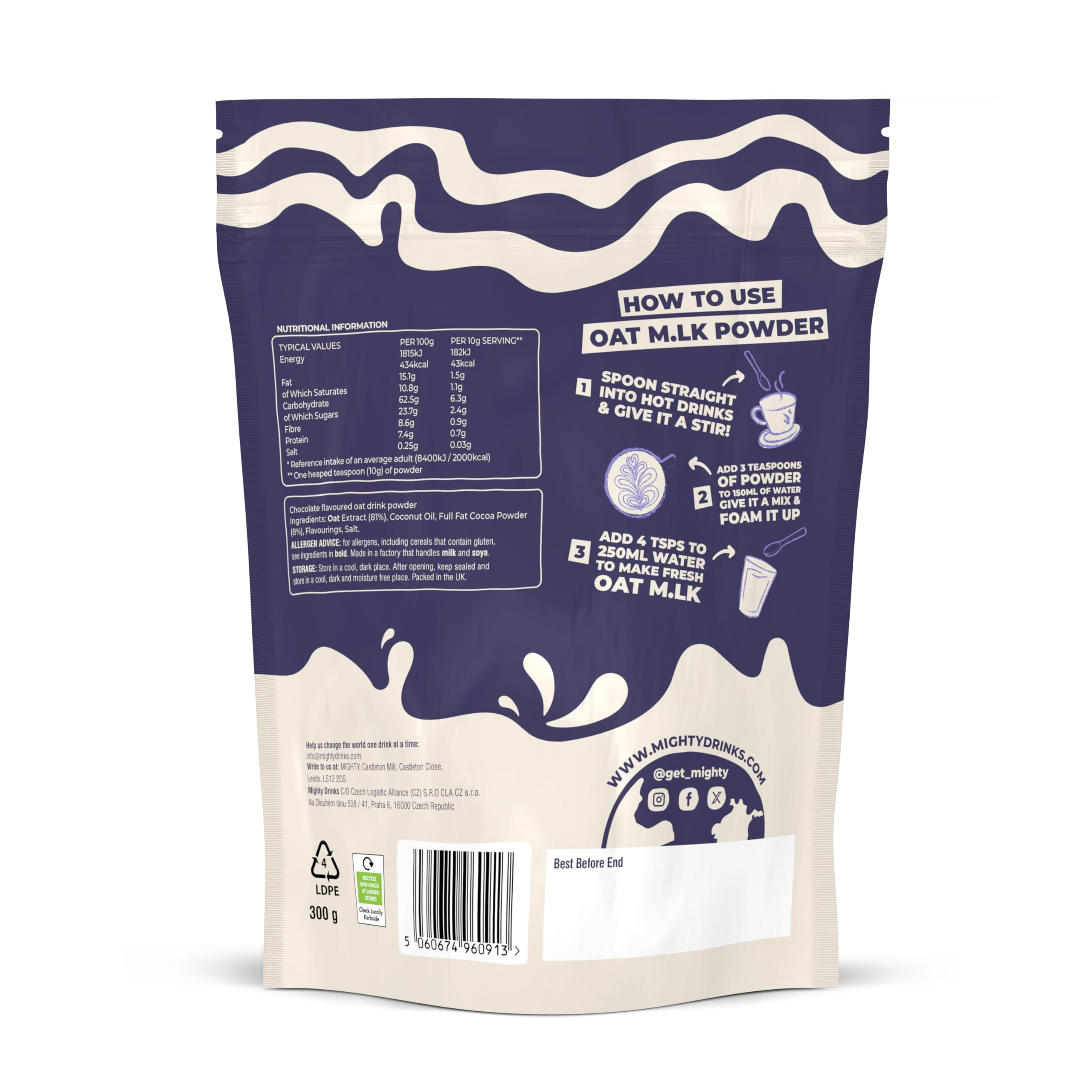 Mighty Chocolate Oat M.LK Pulver (300g Beutel, ergibt bis zu 30 Heißgetränke), veganer Kaffeeweißer auf Pflanzenbasis