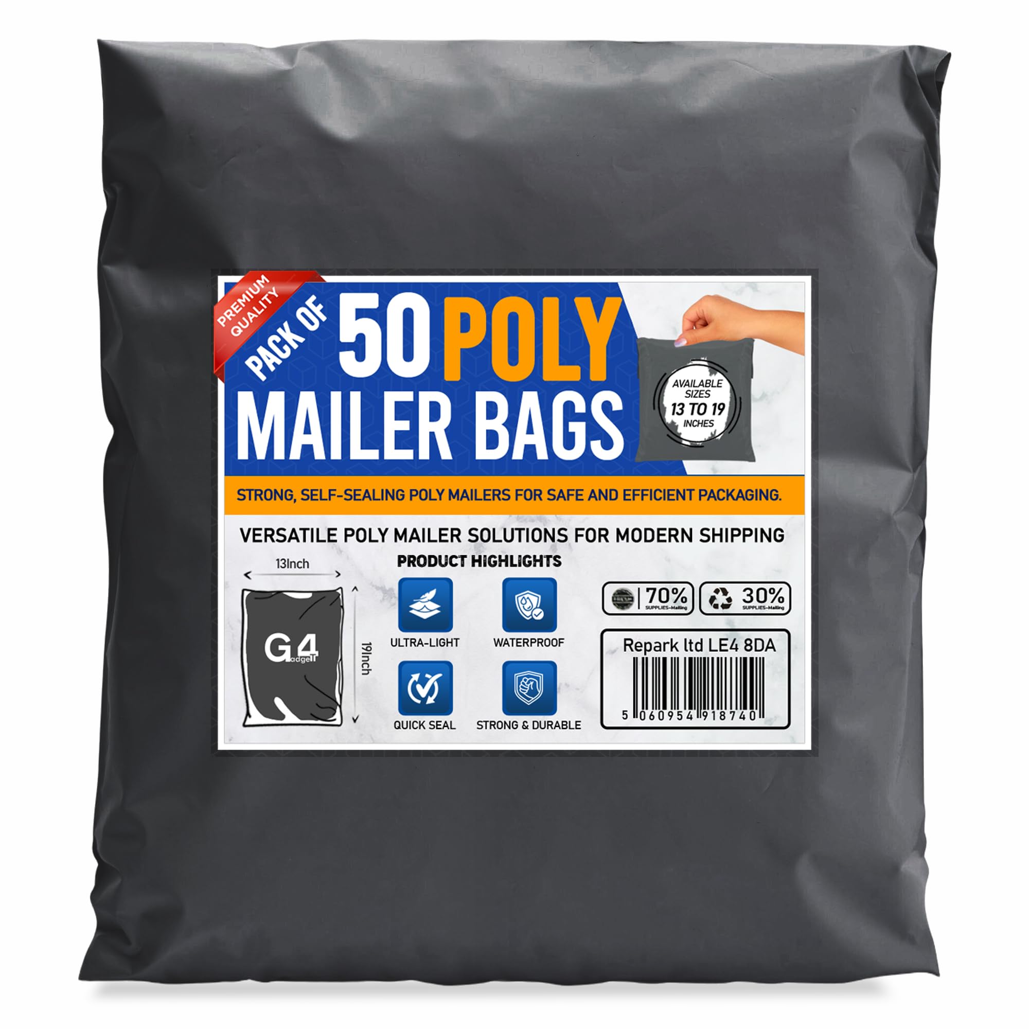 G4GADGET Grey Mailing Bags - 50 Pack, 13x19 Inch, Heavy Duty Plastic for eCommerce