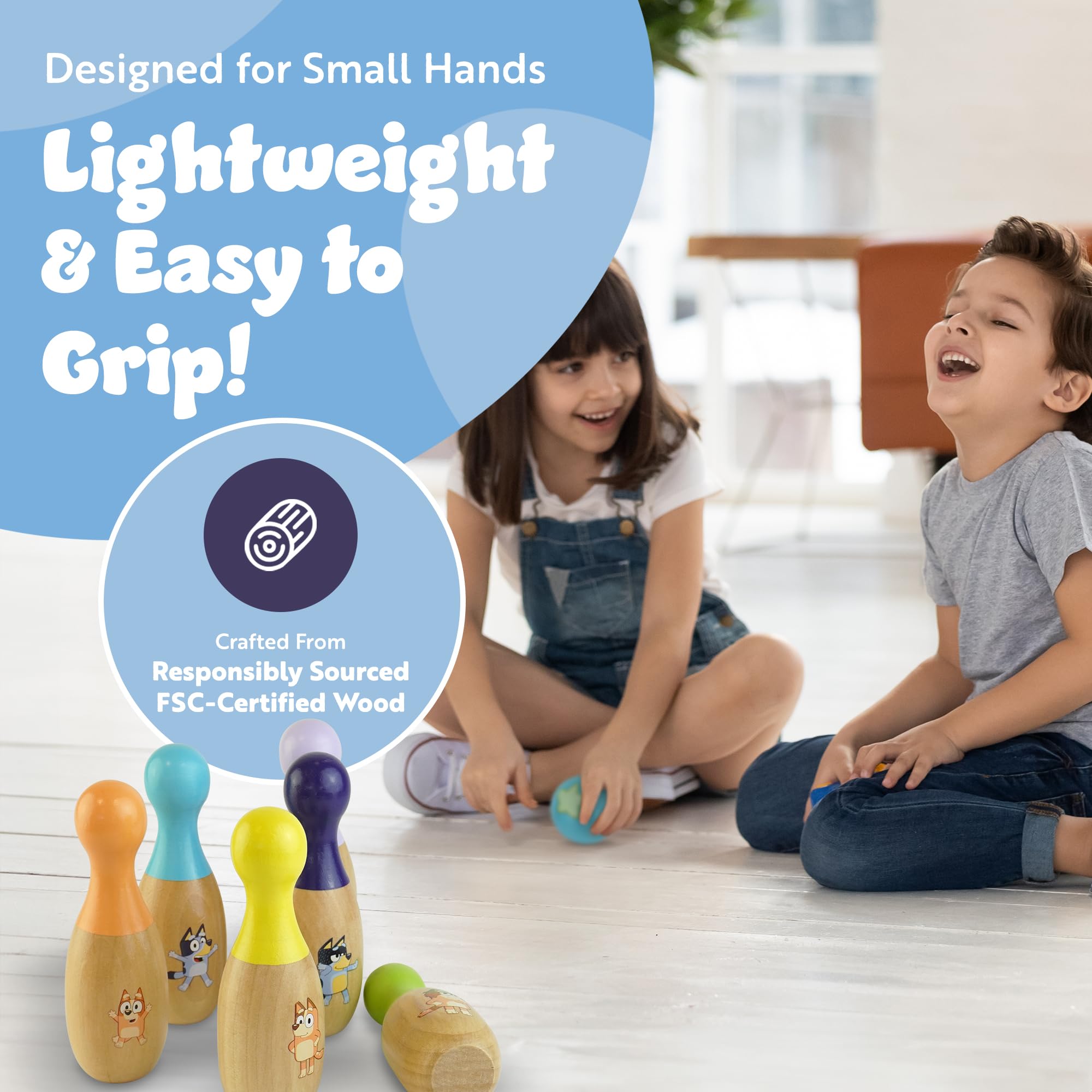 Bluey Wooden Skittles Set - 6 Character Pins (Bluey & Bingo) & Ball | Indoor/Outdoor Play