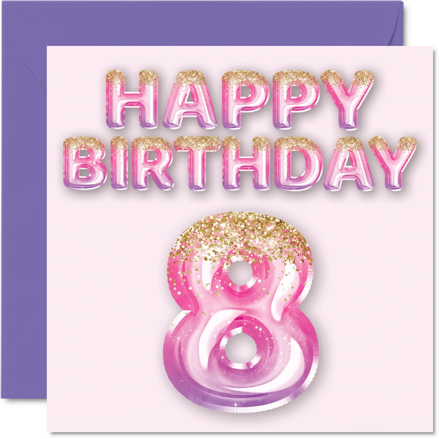 Stuff4 8th Birthday Card - Pink & Purple Glitter Balloons | 145mm Square | Blank Inside 1