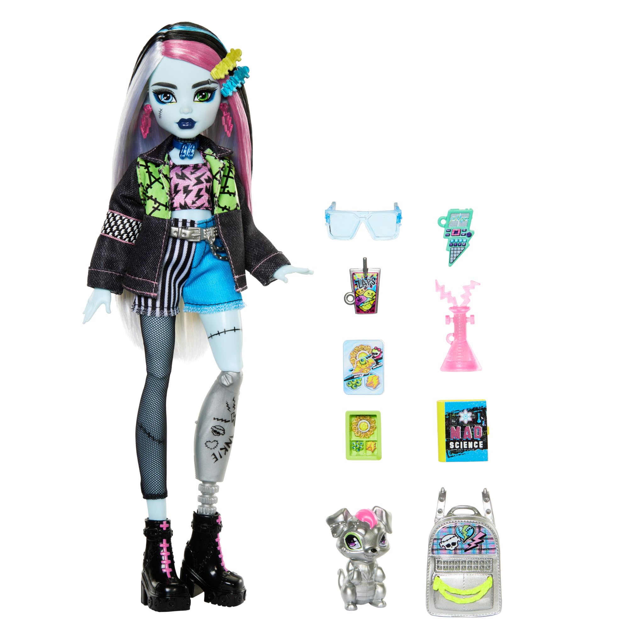 Monster High Frankie Stein Doll with Pet Watzie, Denim Outfit, Backpack, Notebook | Ages 4-18 | HXH73 4