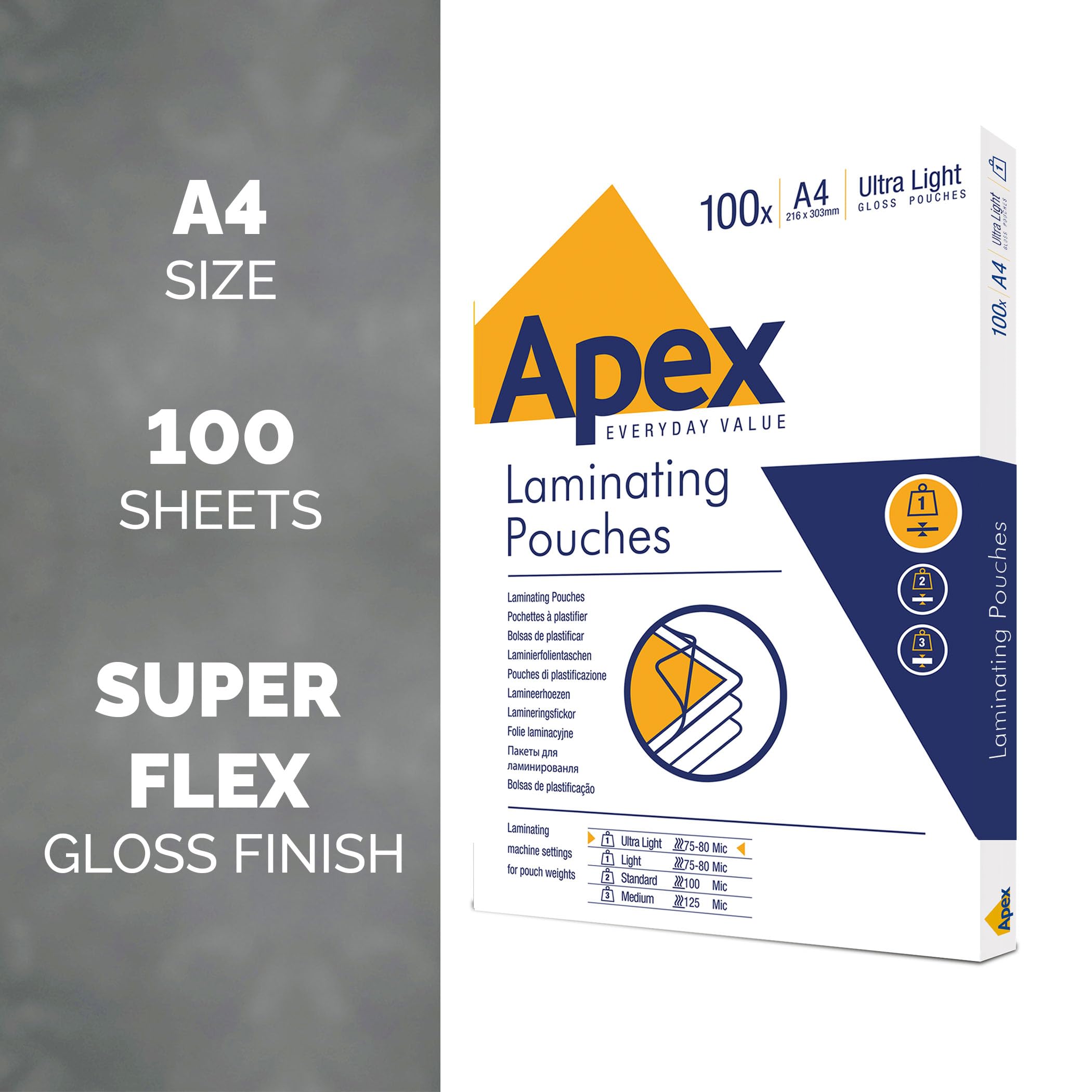 Fellowes Apex A4 Laminating Pouches - Glossy Finish, 100 Sheets, 75/80 Micron 2