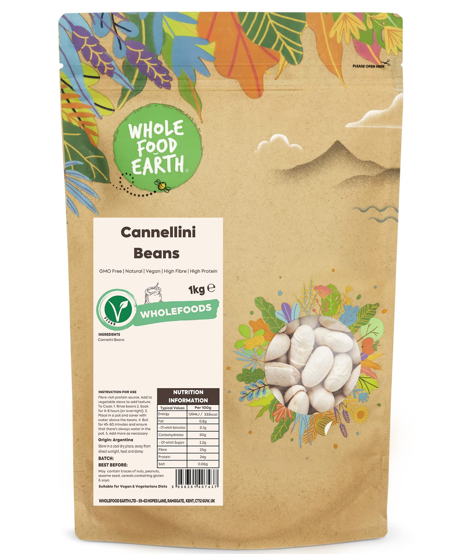 Wholefood Earth Cannellini Beans 1 kg | GMO Free | Natural | High Fibre | Vegan 1