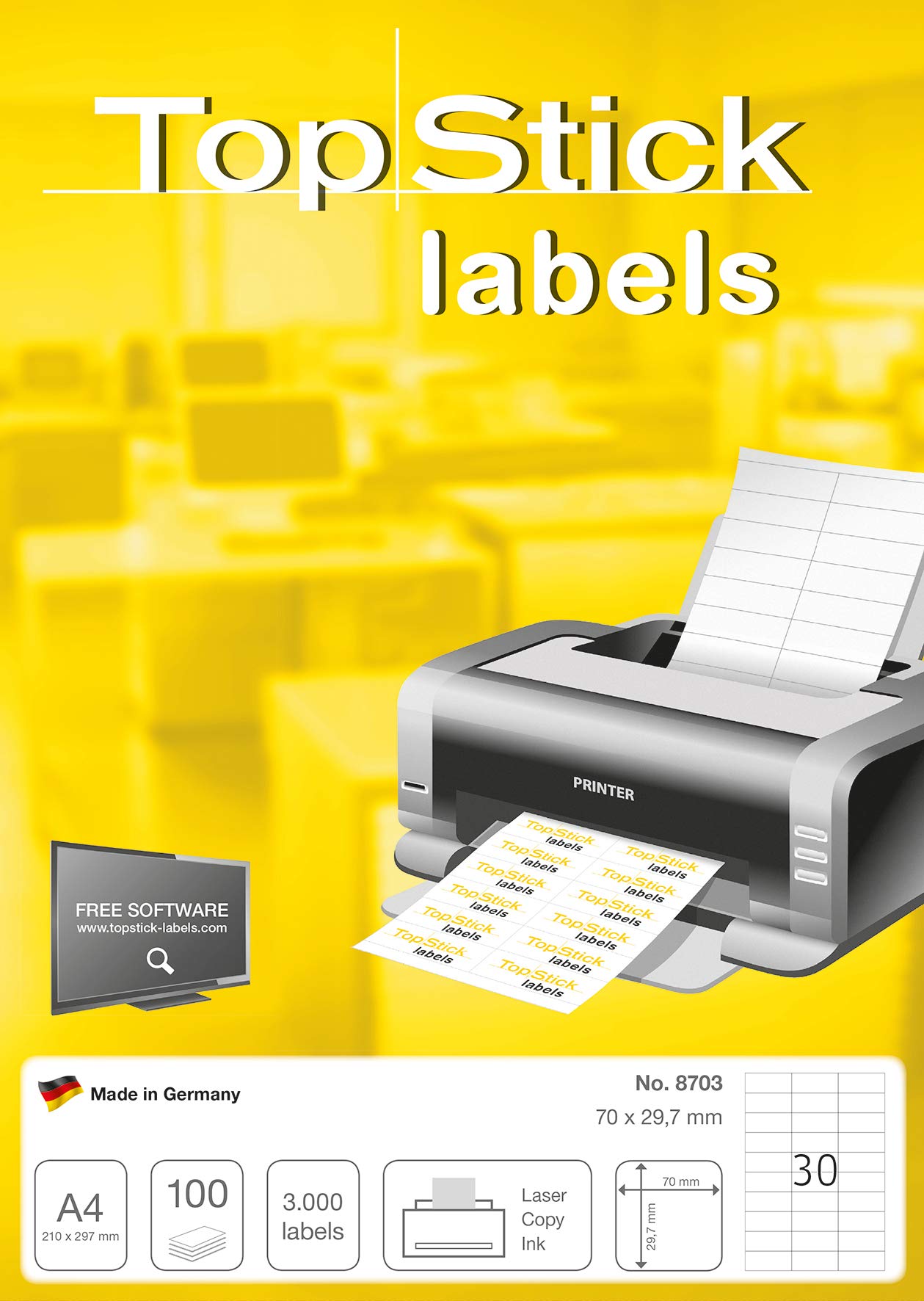 TopStick 8703 Multi-Purpose Printer Labels - 70 x 29.7 mm, White, 3000 Labels (100 Sheets) 3