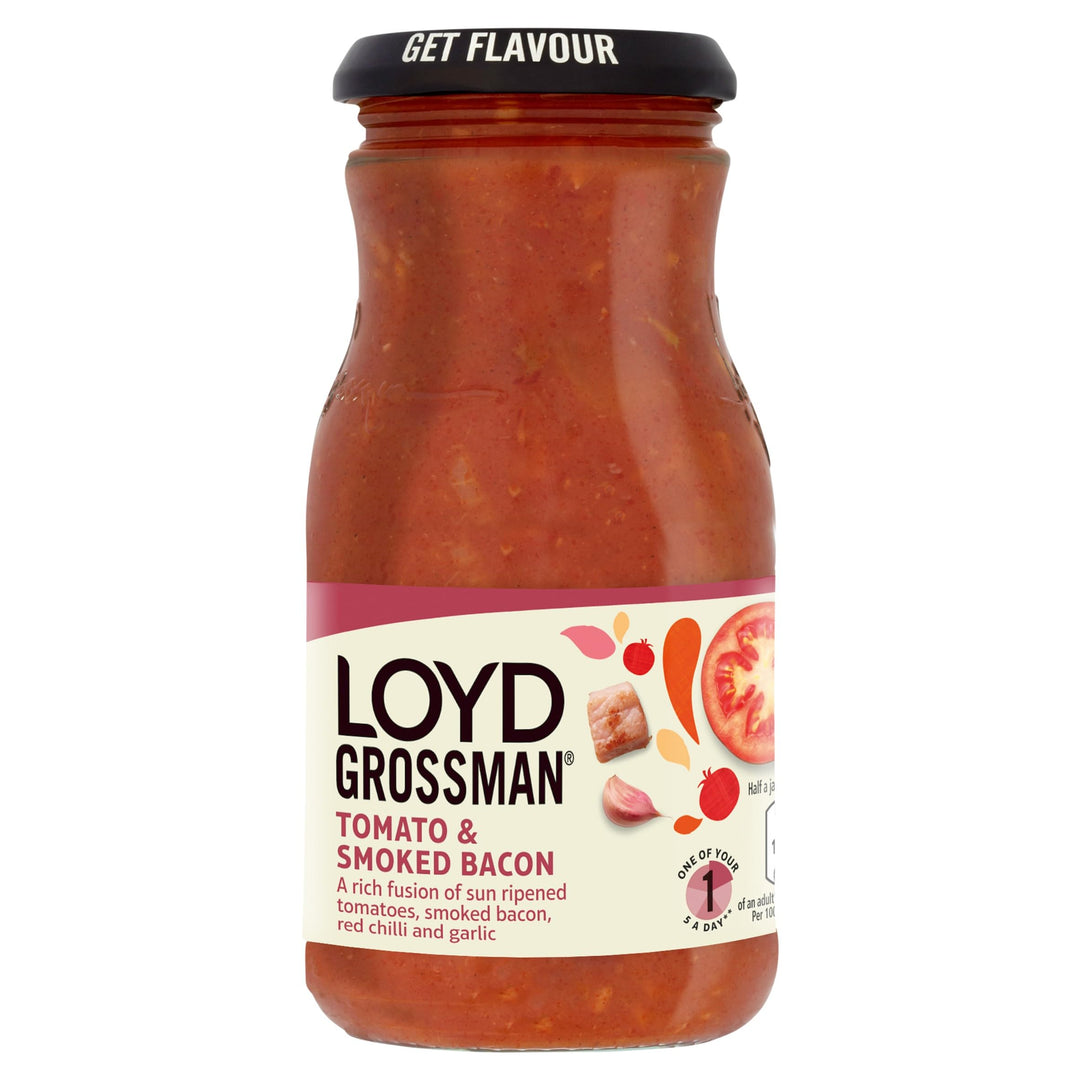 Loyd Grossman Italian Tomato & Smoked Bacon Sauce – Rich Tomato Base with Smoked Bacon & Red Chilli, 350g