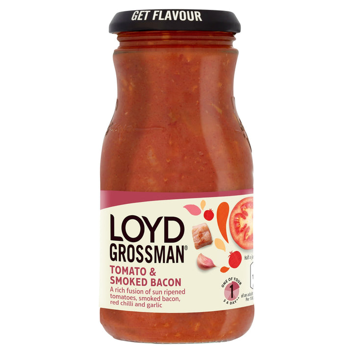 Loyd Grossman Italian Tomato & Smoked Bacon Sauce – Rich Tomato Base with Smoked Bacon & Red Chilli, 350g