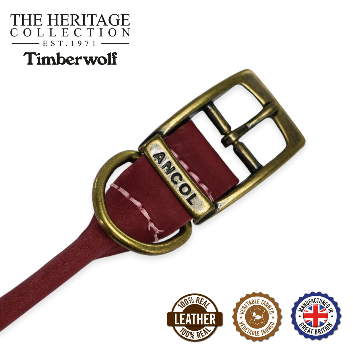 Ancol Timberwolf Round Leather Dog Collar - Raspberry, Size 3, 28-36cm