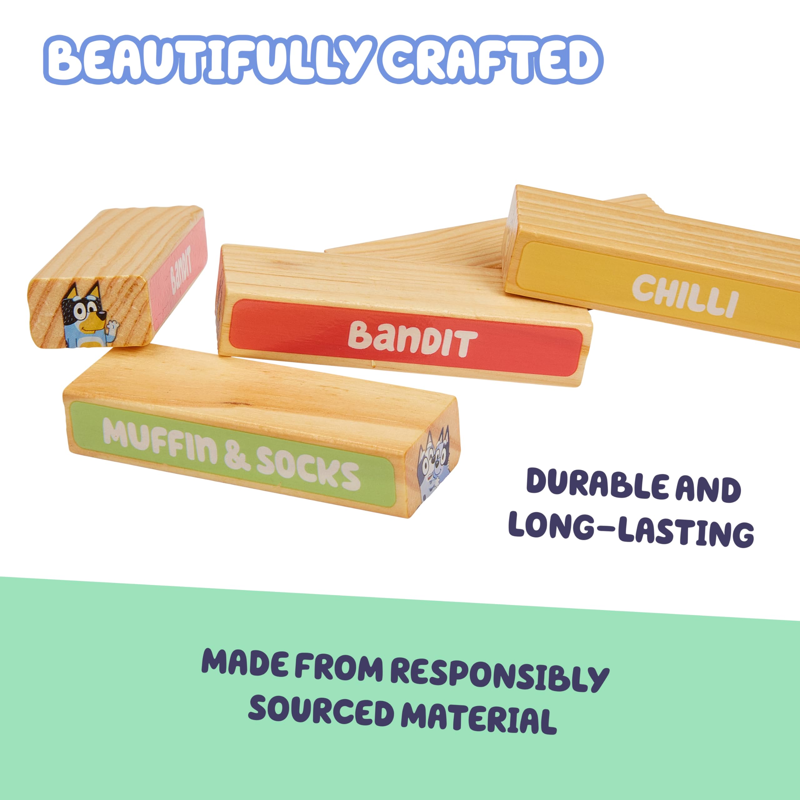 Bluey Tumbling Tower Game - 54 FSC-Certified Wooden Blocks for Stacking Fun 12