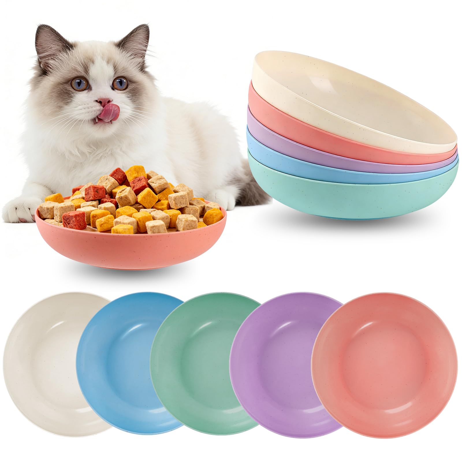 MOXYOY 5-Pack Cat Bowls - Whisker Friendly Shallow Design | Food Grade PP Material | Includes Storage Box