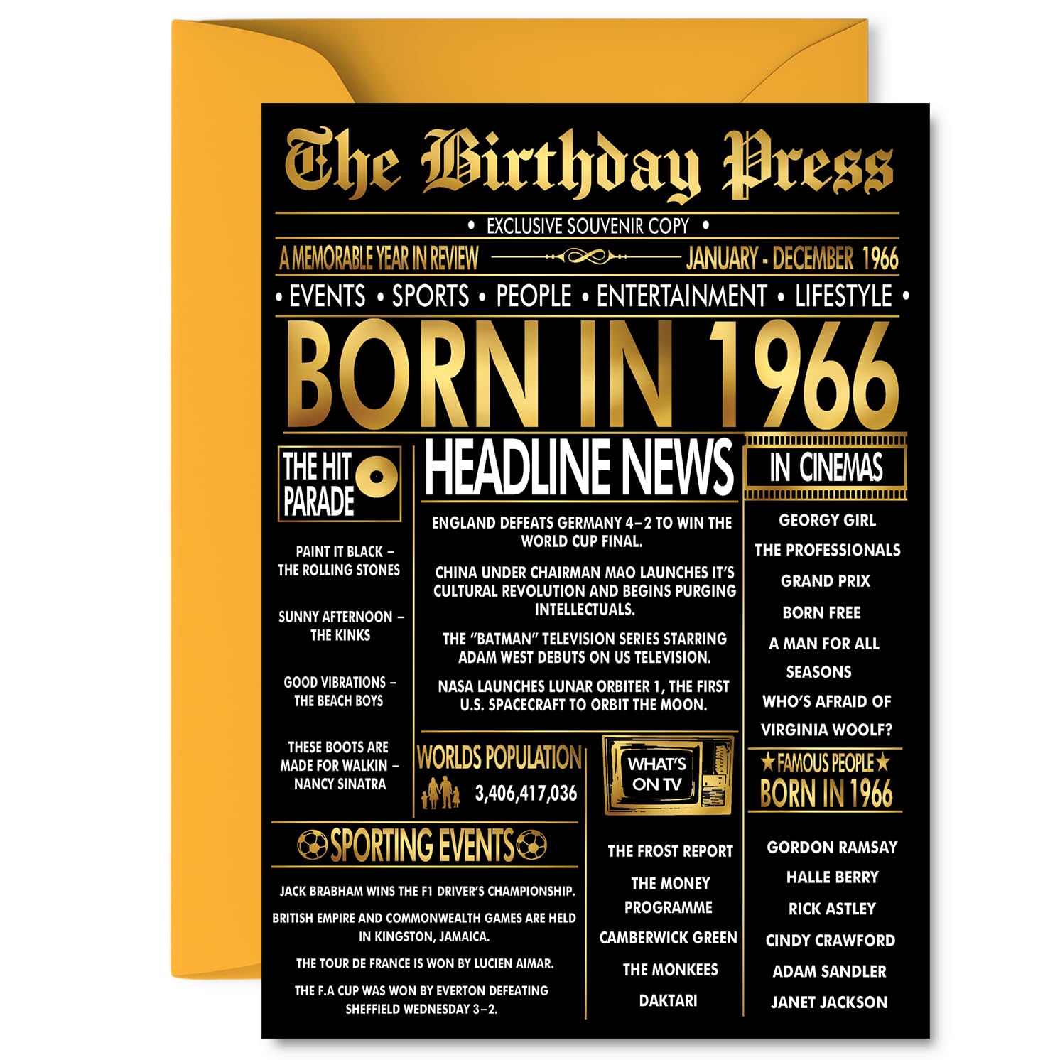 Stuff4 60th Birthday Card for Men & Women - Black & Golden Newspaper Design Born in 1966 1