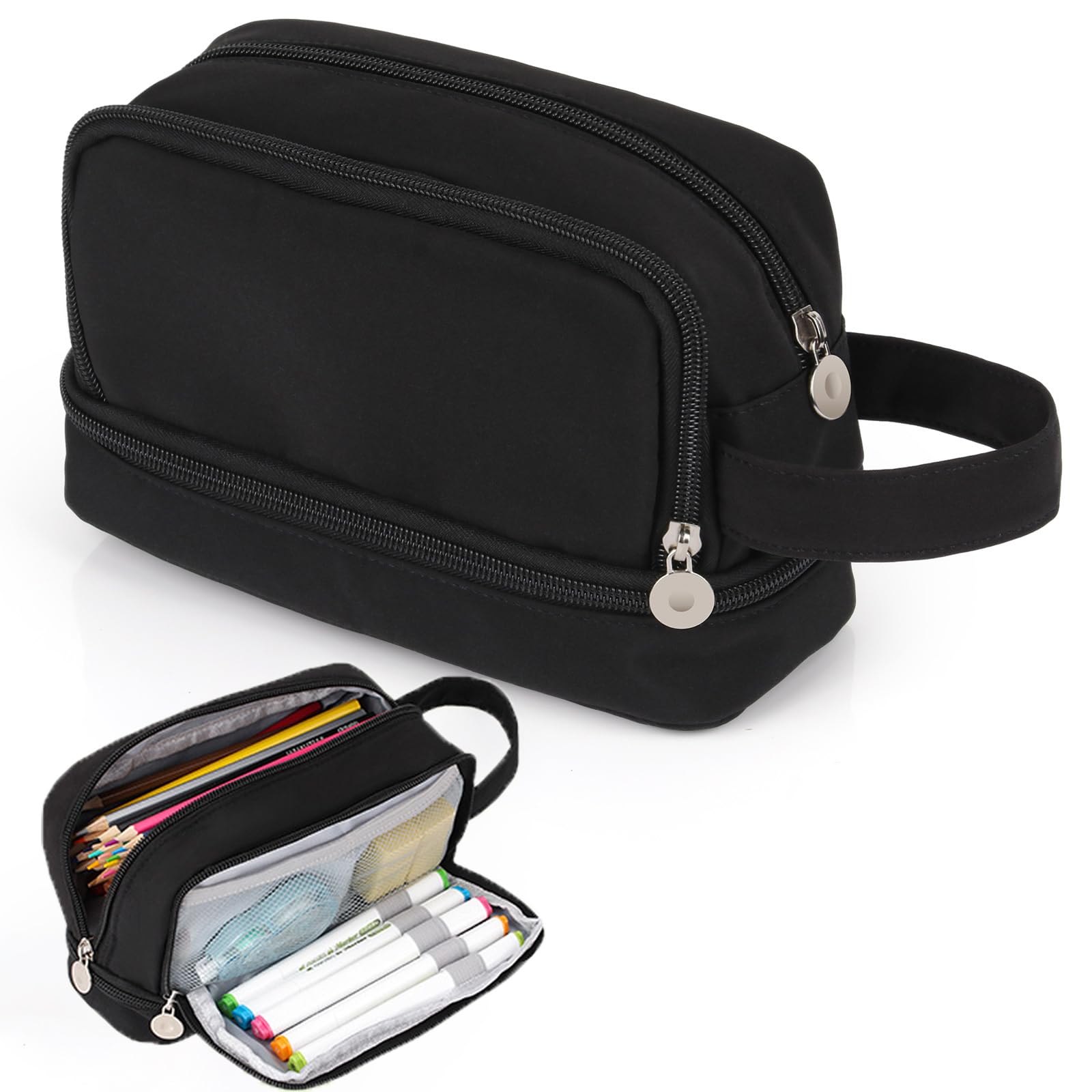 Alyvisun Large Capacity Pencil Case - 3 Compartments, Durable Canvas, Black | 22cm x 9cm x 14cm