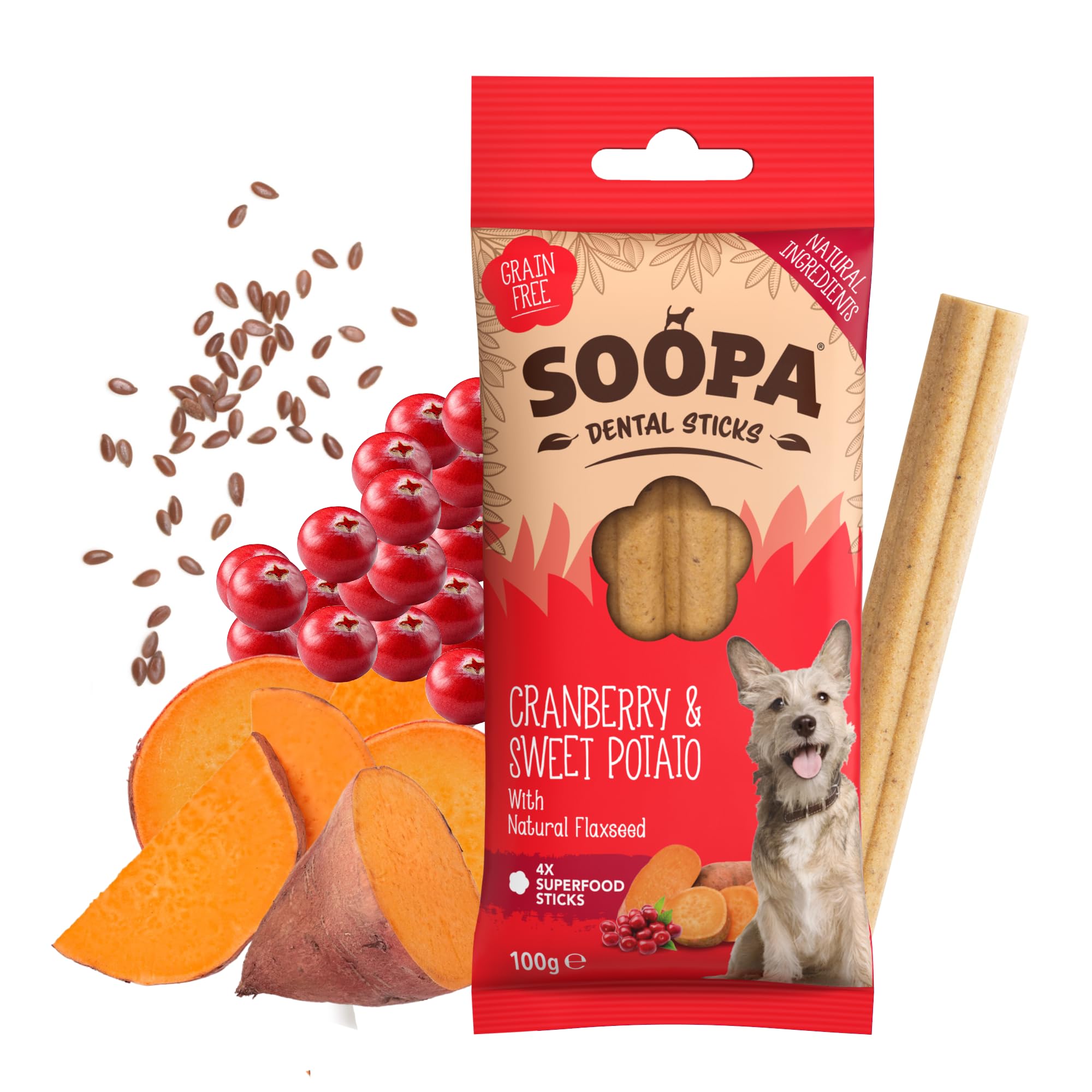 Soopa Cranberry and Sweet Potato Dental Sticks Dog Treat, Low Fat, Hypoallergenic, 100 g