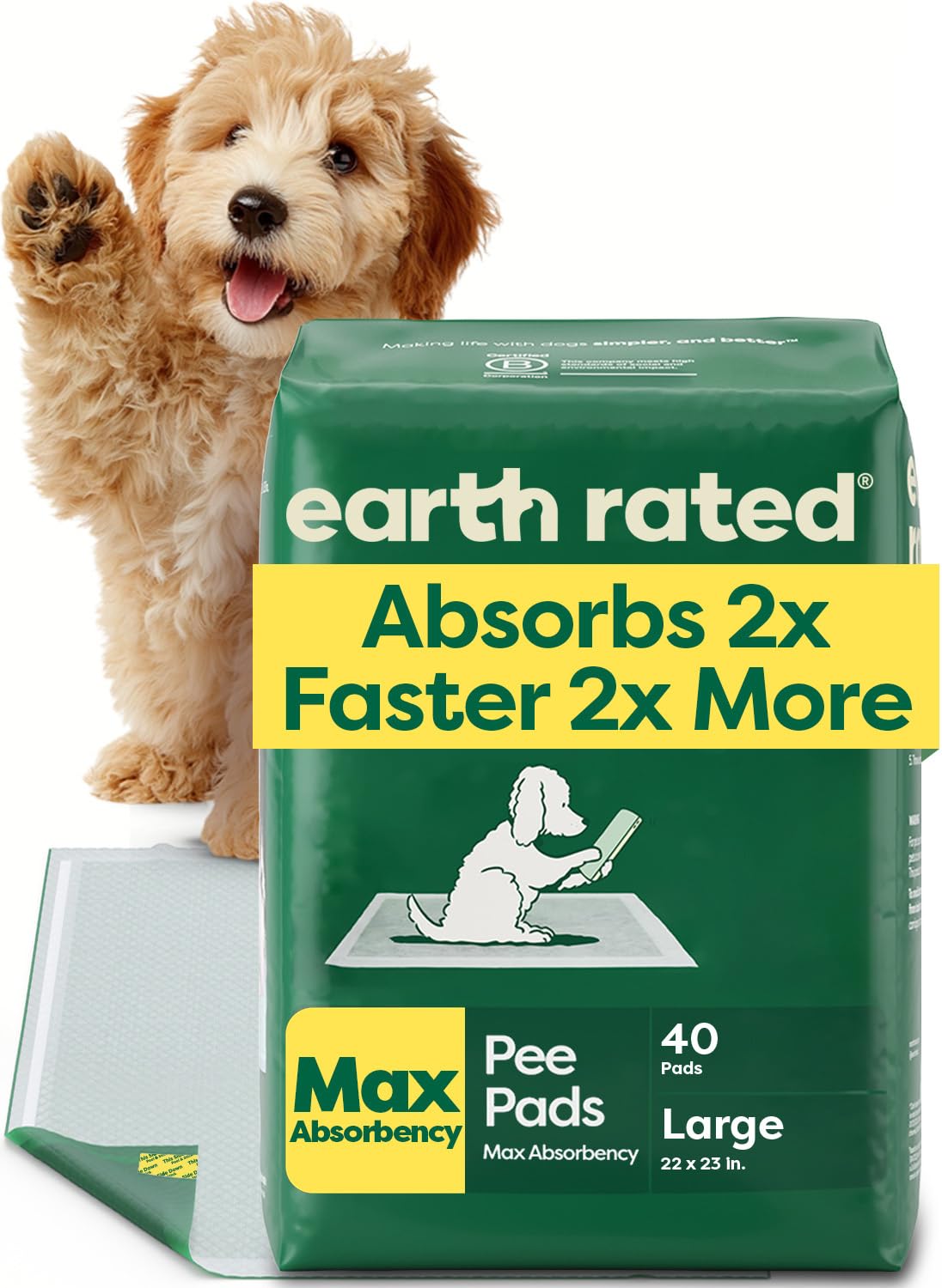 Earth Rated Reusable Training Pads - Max Absorbency 2x More | 40 Count, 40 L Size, Green