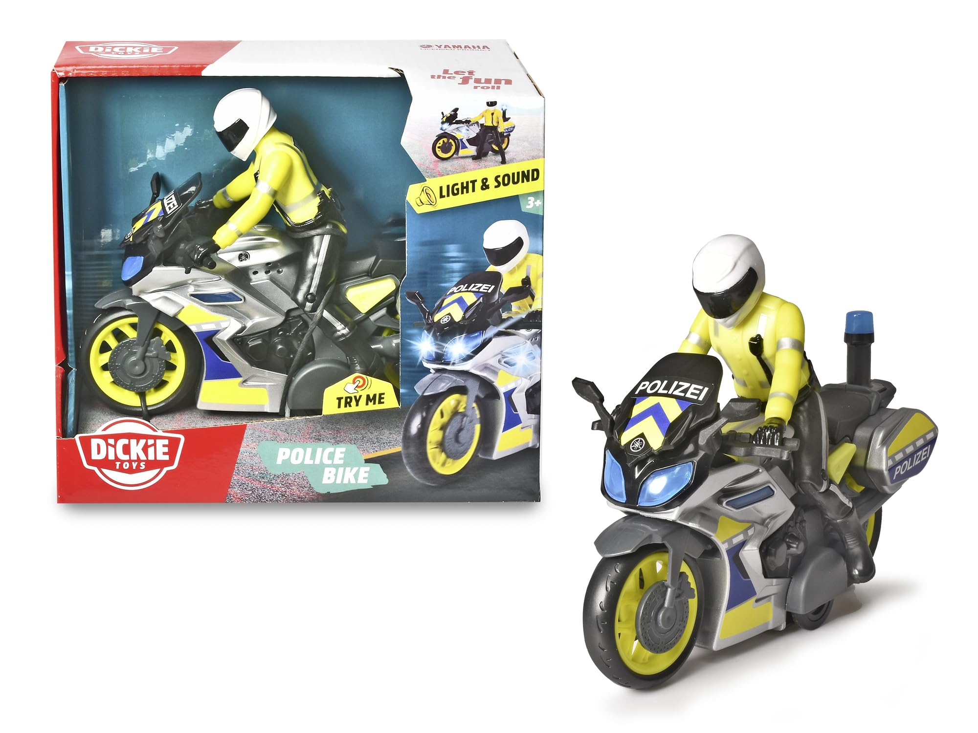 Dickie Toys 203712018 Yamaha Police Motorcycle with Officer Figure - Friction-Powered Ride-On Toy with Lights & Sound for Kids 3+ 12