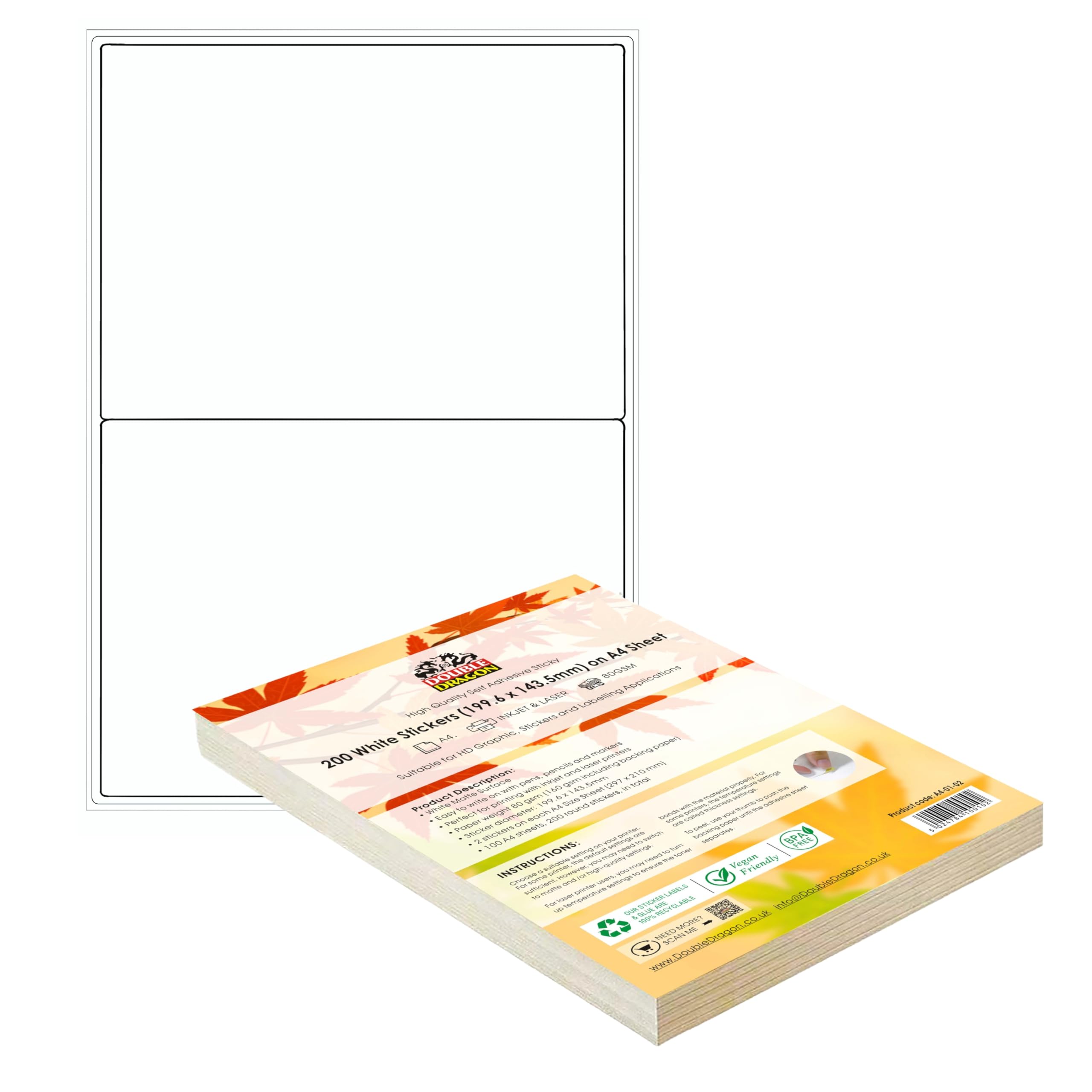 Double Dragon A4 Printer Labels - 100 Sheets, 2 Labels Per Sheet | Matte White Finish | L7168/J8168 Compatible 1